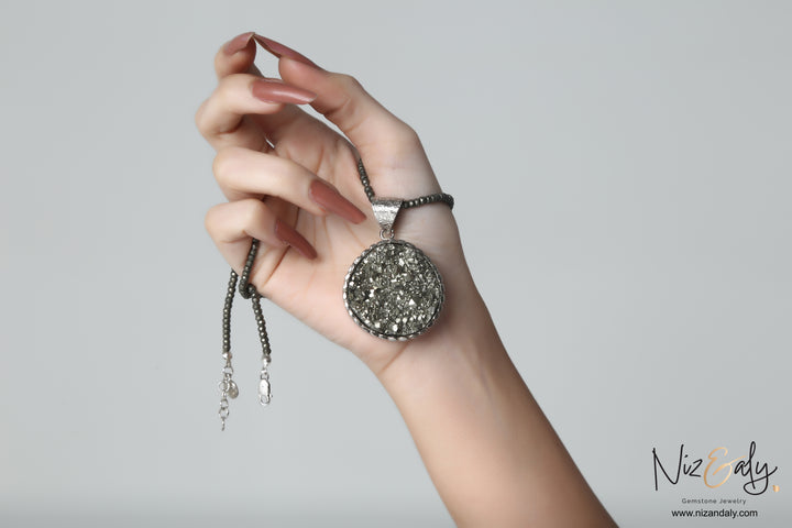 Gold O' Natural Pyrite Pendant (Round Shape) in  Faceted Pyrite Bead String