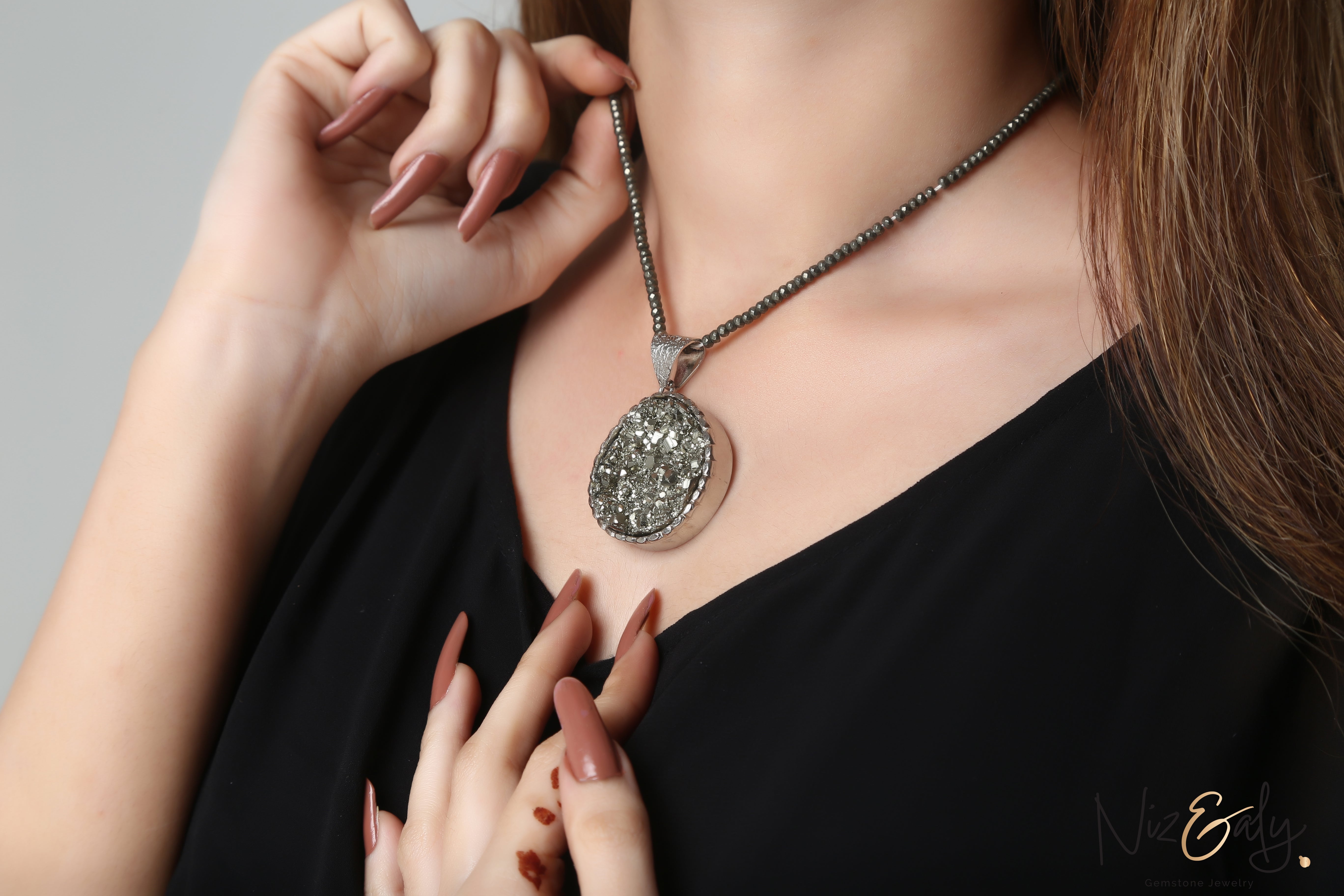 Gold O' Natural Pyrite Pendant (Round Shape) in  Faceted Pyrite Bead String