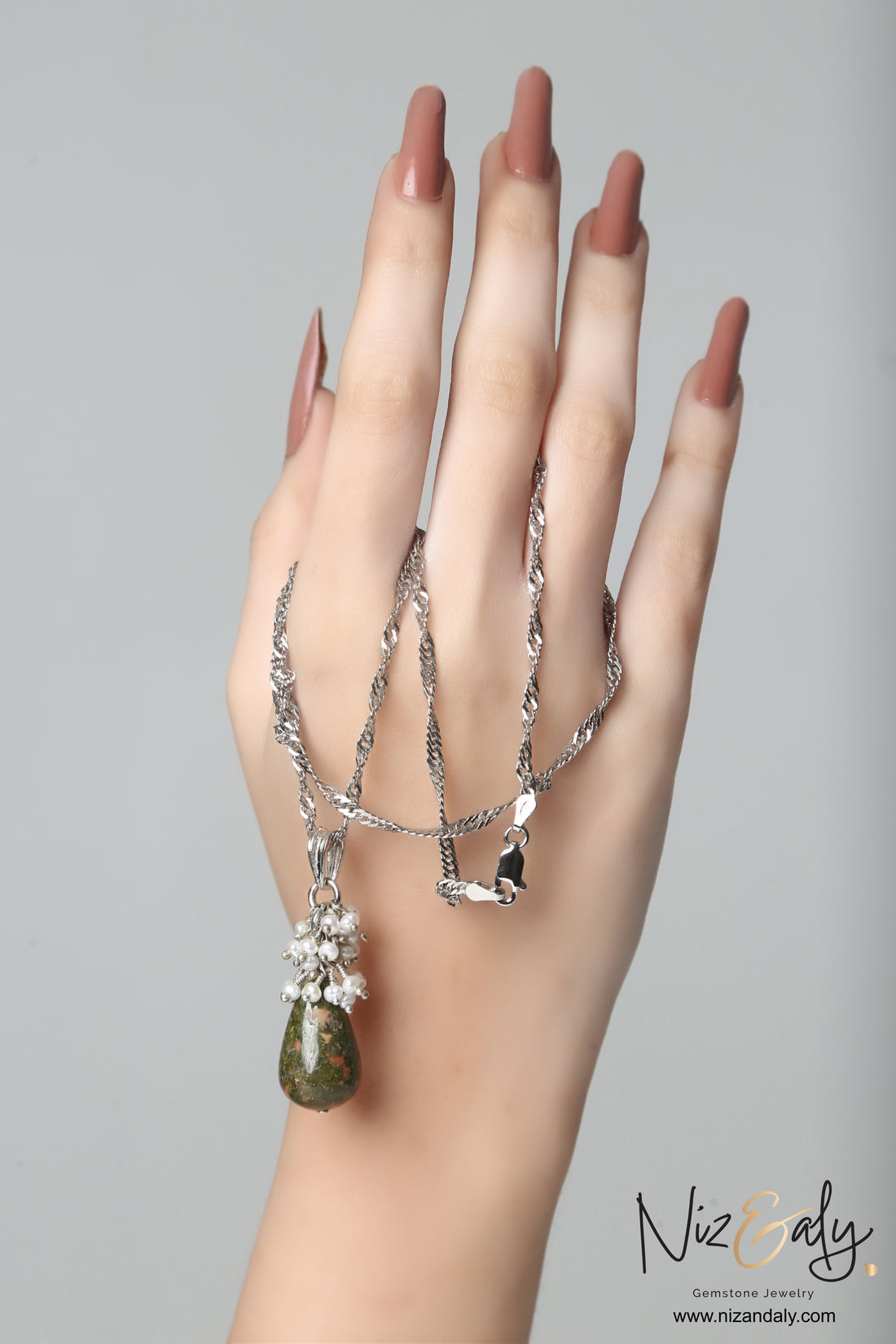 Unakite Jasper and Dainty Pearl Drop Pendant Necklace