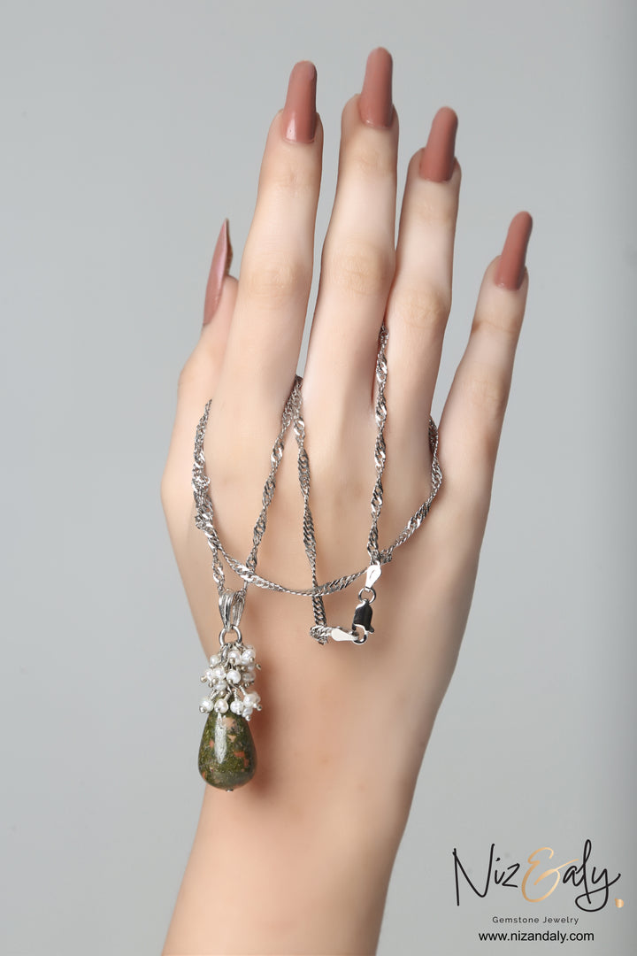 Unakite Jasper and Dainty Pearl Drop Pendant Necklace