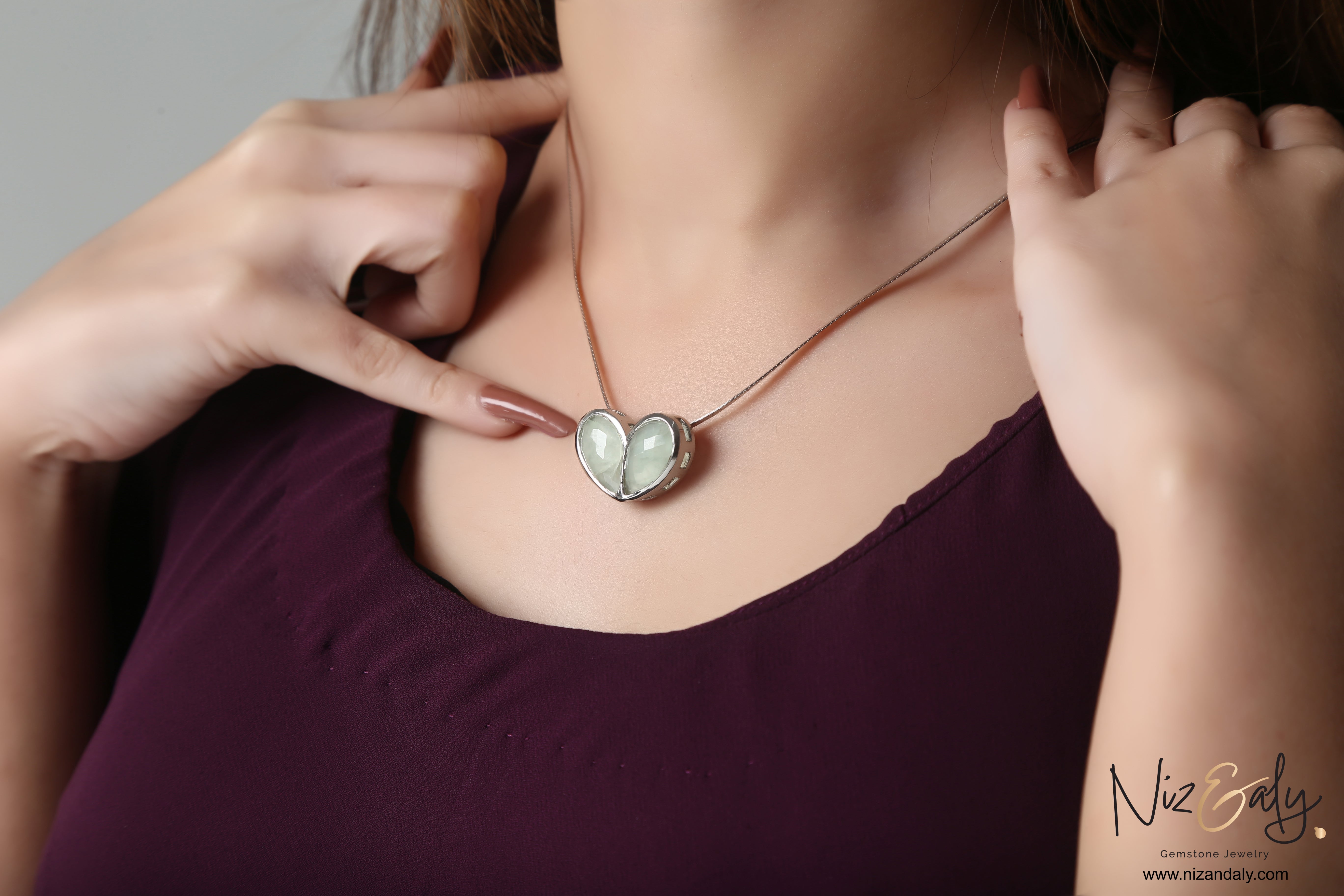 Twin Heart Prehnite  Pendant Necklace