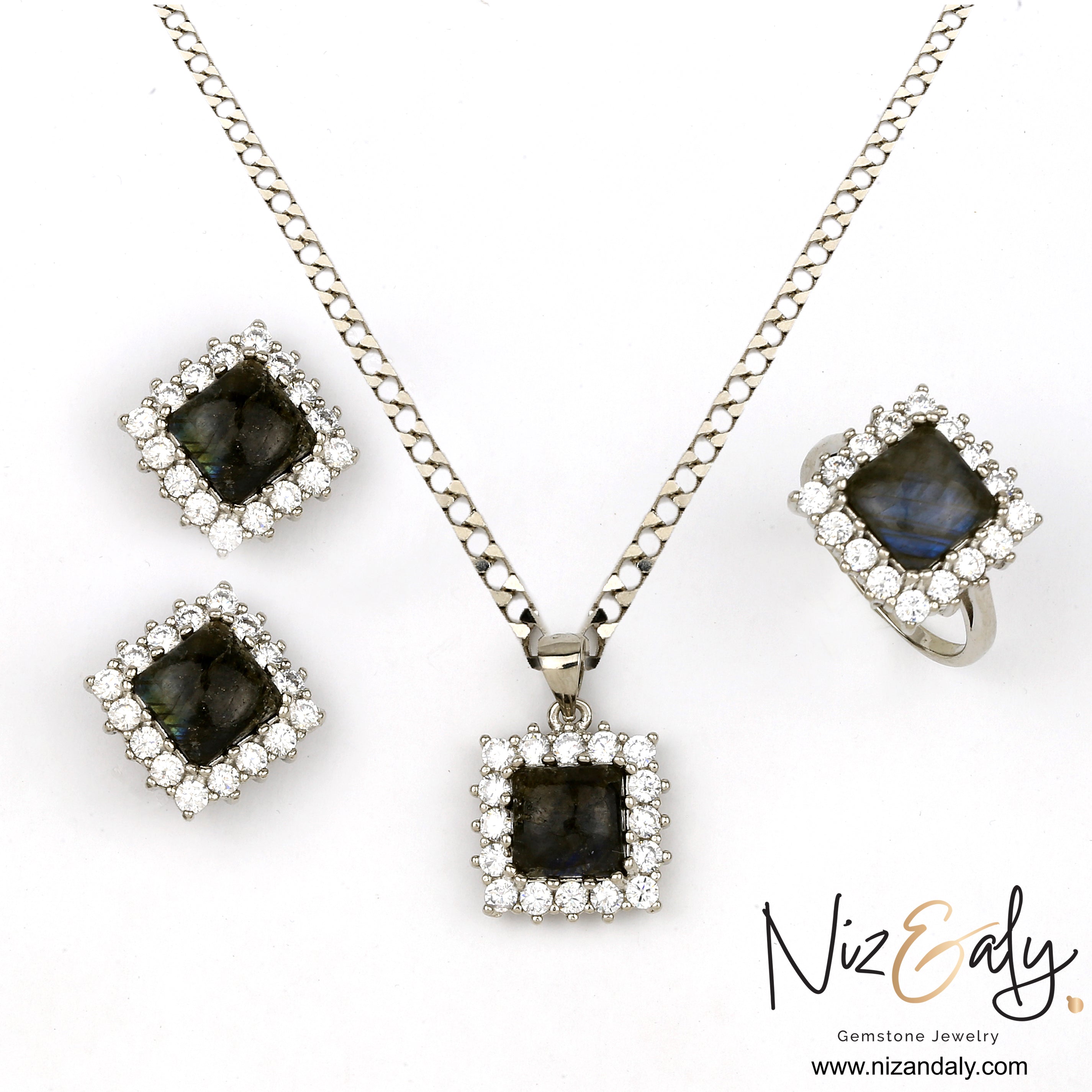 Blue Fire Square Labradorite Pendant Set.