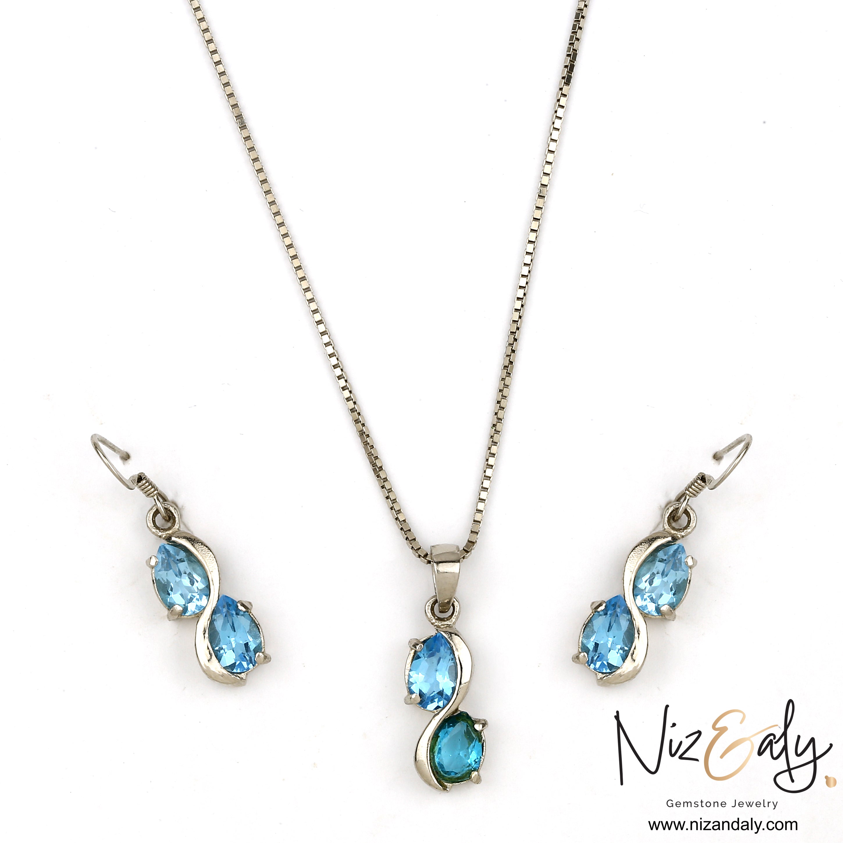 Sea Blue Double Topaz Drop Pendant Set