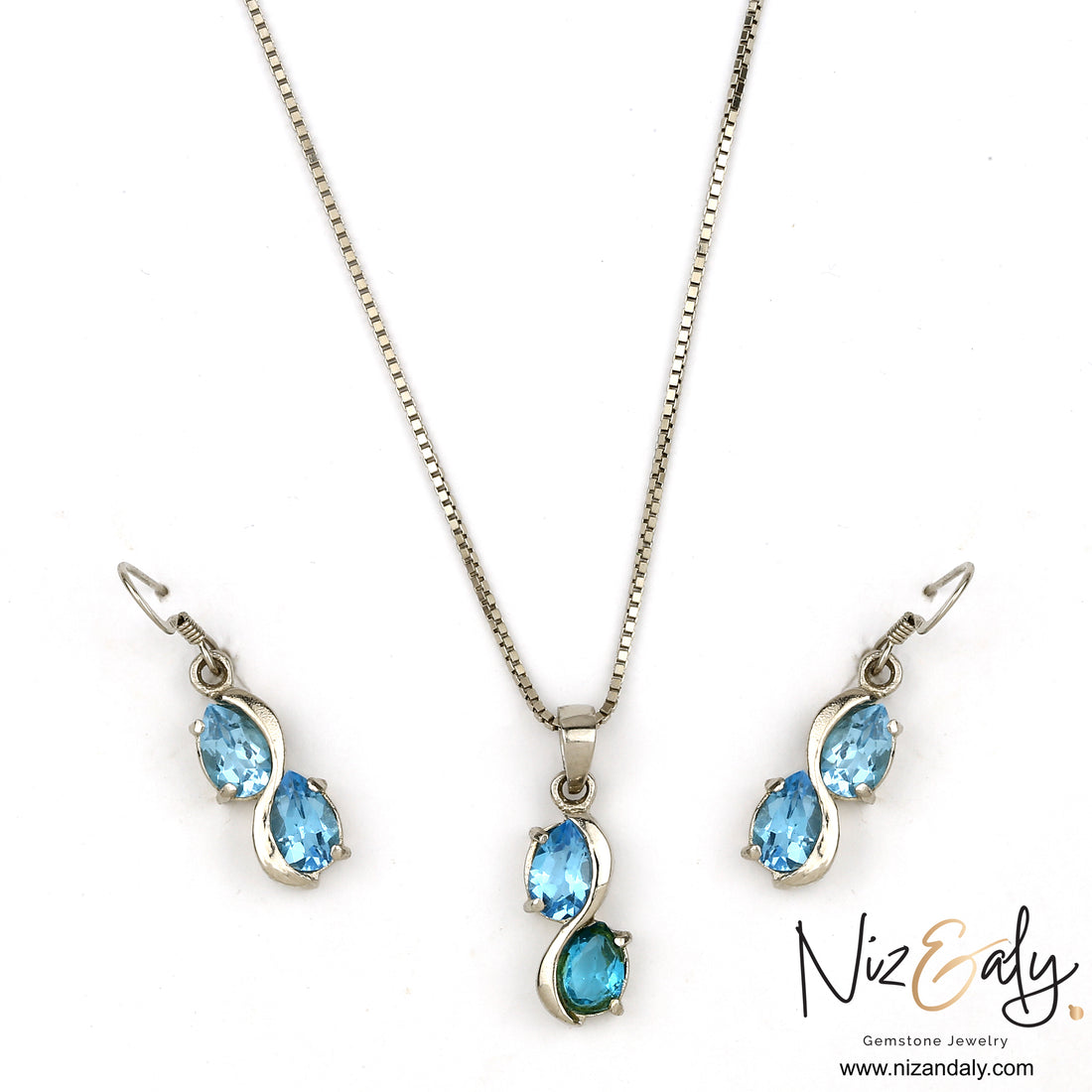 Sea Blue Double Topaz Drop Pendant Set