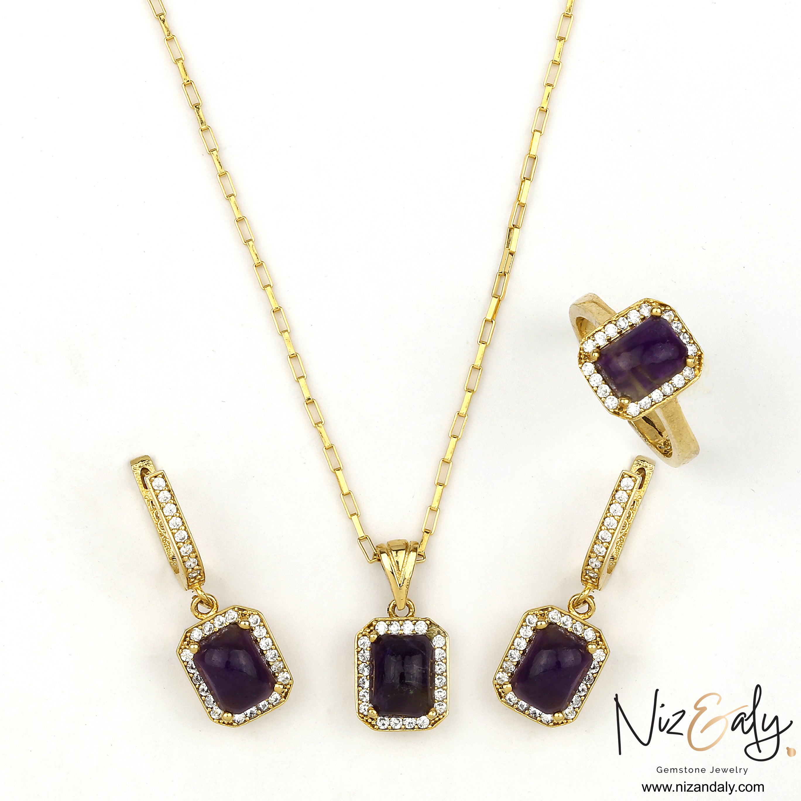 Cushion cut  Dark Amethyst Drop Pendant Set