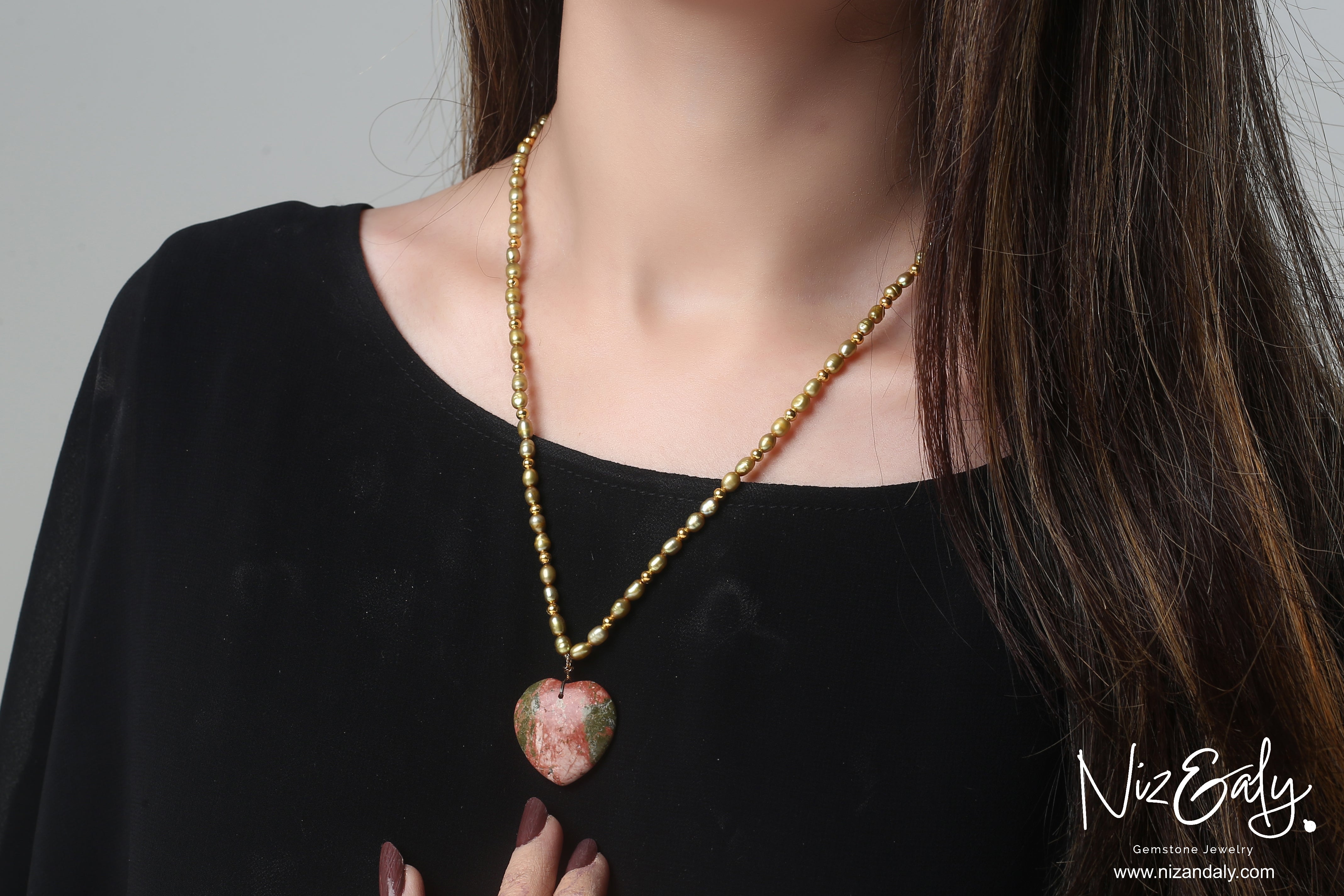 Unakite Jasper Heart in Golden Pearl Strand Necklace