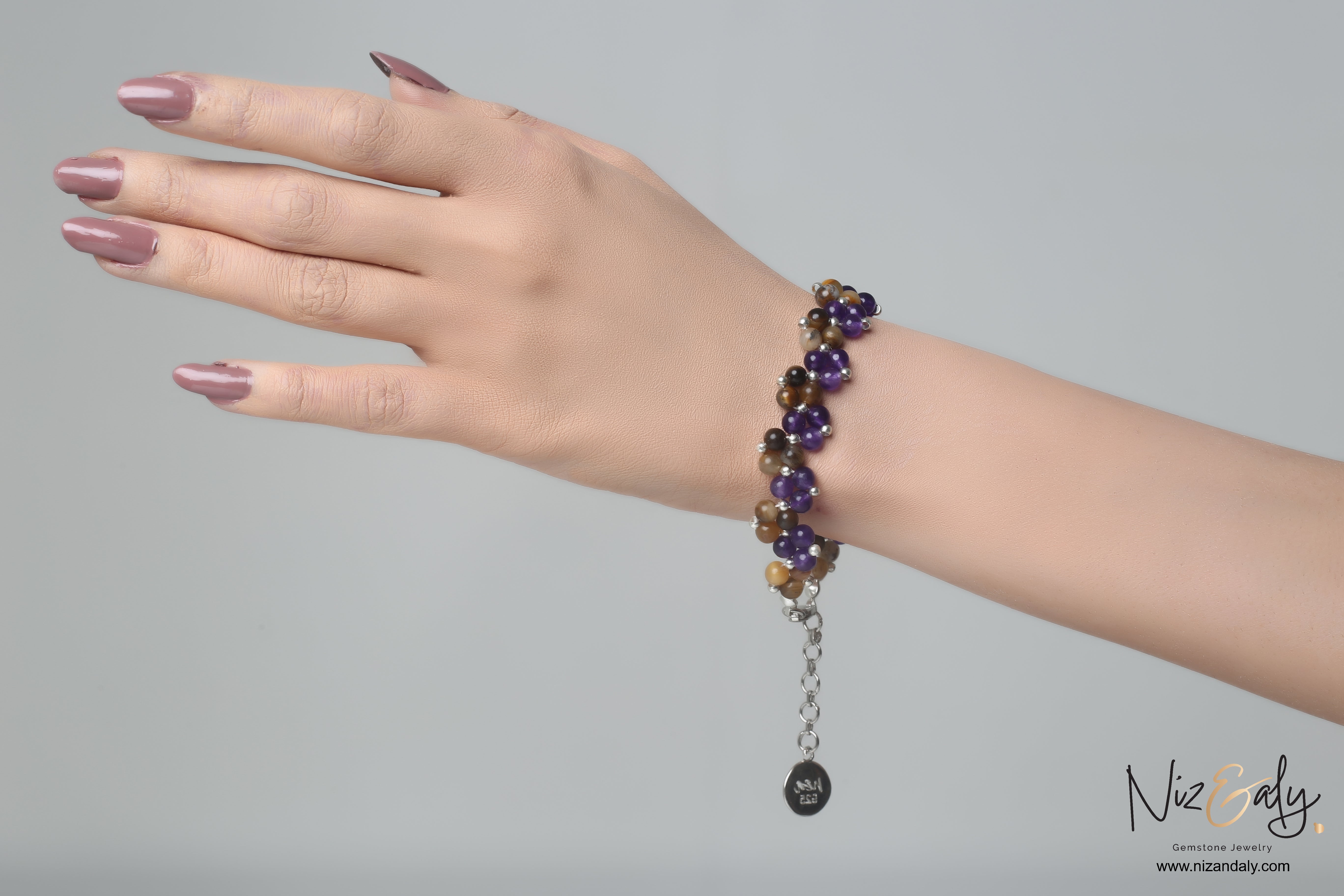 Twisted Amethyst and Brown Banded  Agate Beaded Bracelet