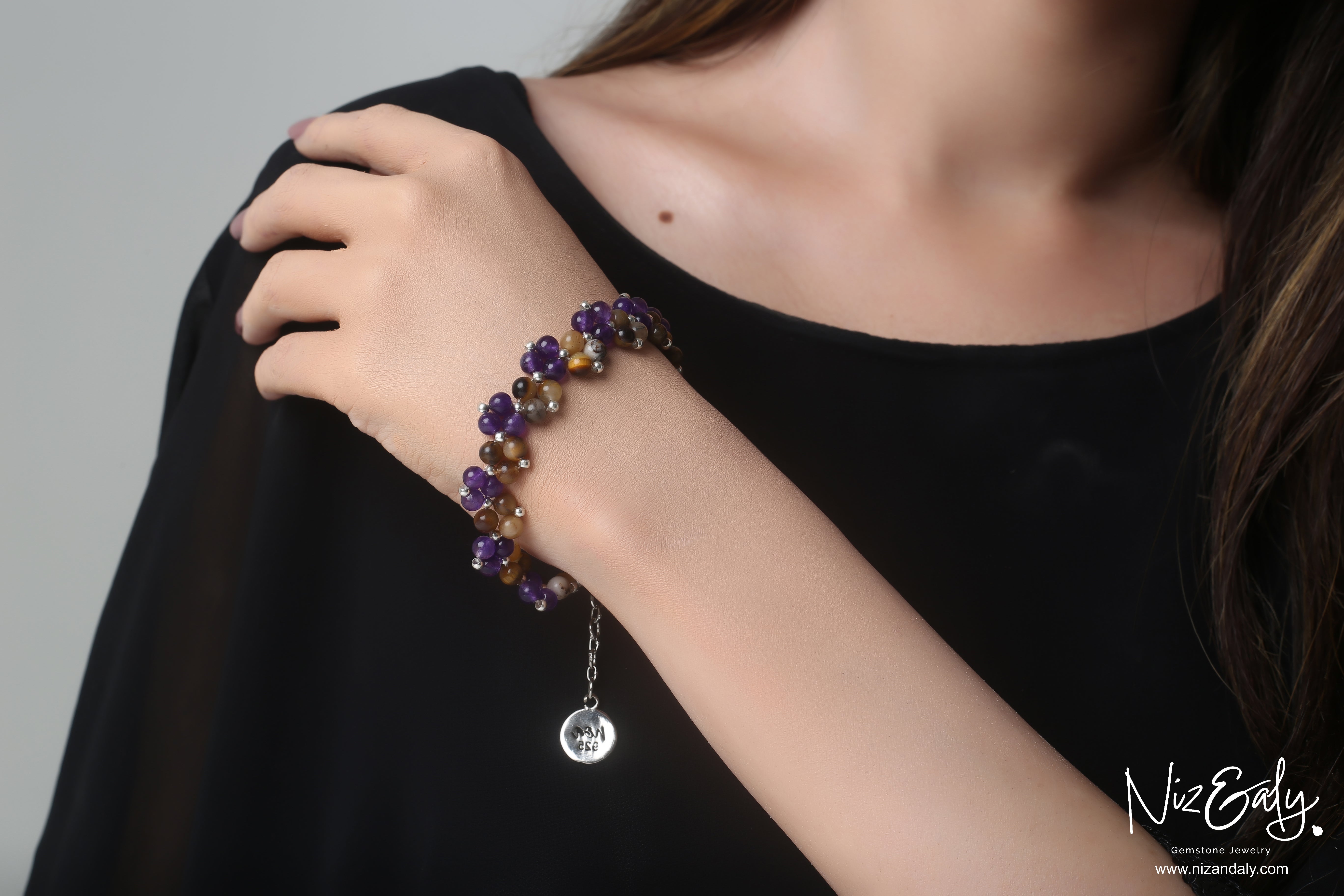 Twisted Amethyst and Brown Banded  Agate Beaded Bracelet