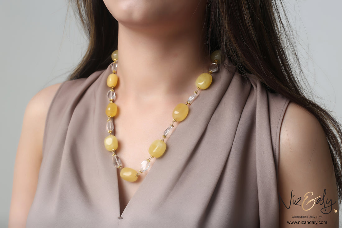 Natural Lemon Chiffon Jade and Icy Quartz Bead Necklace