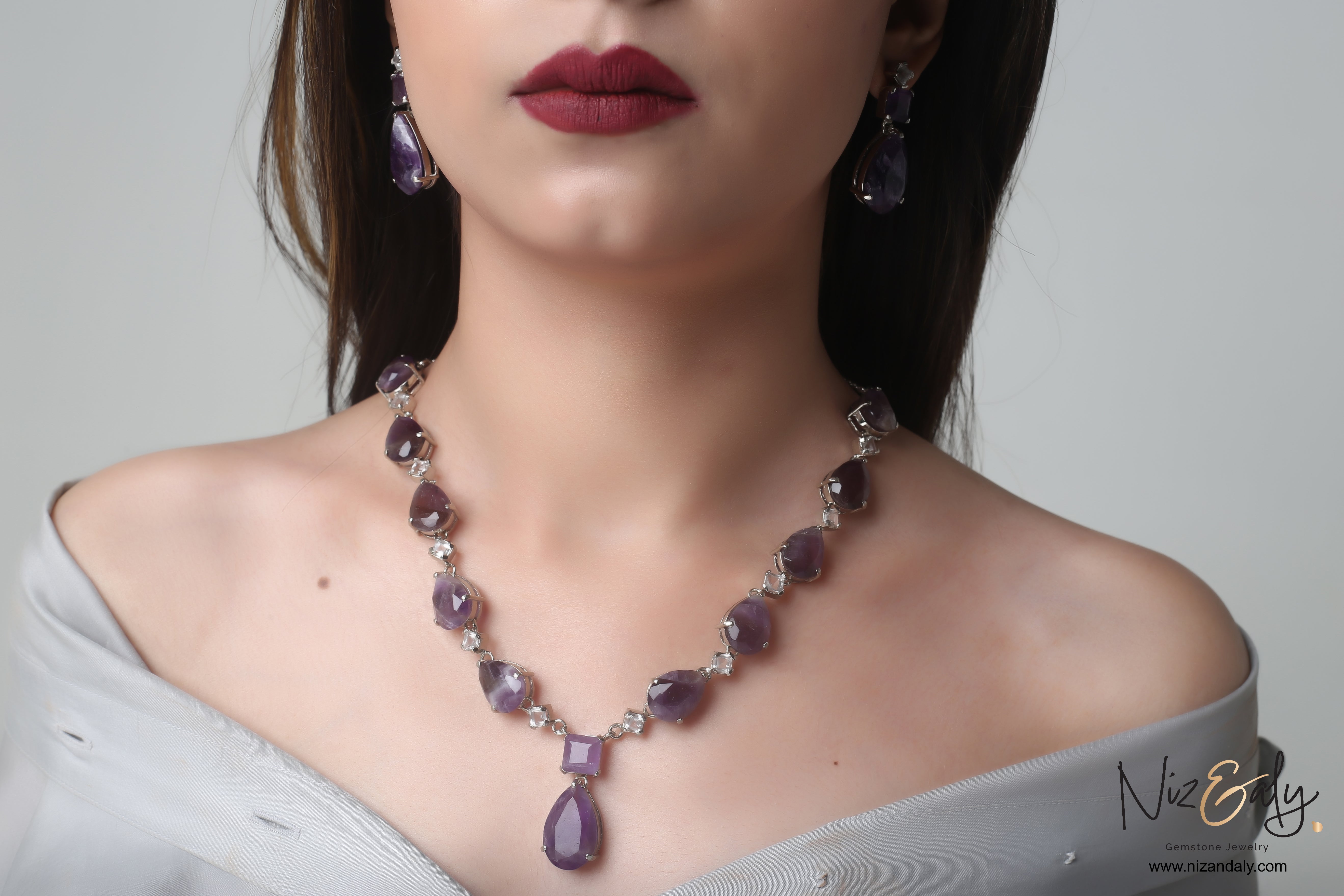 Stunning Droplet Cut Amethyst and Clear Quartz Necklace Set