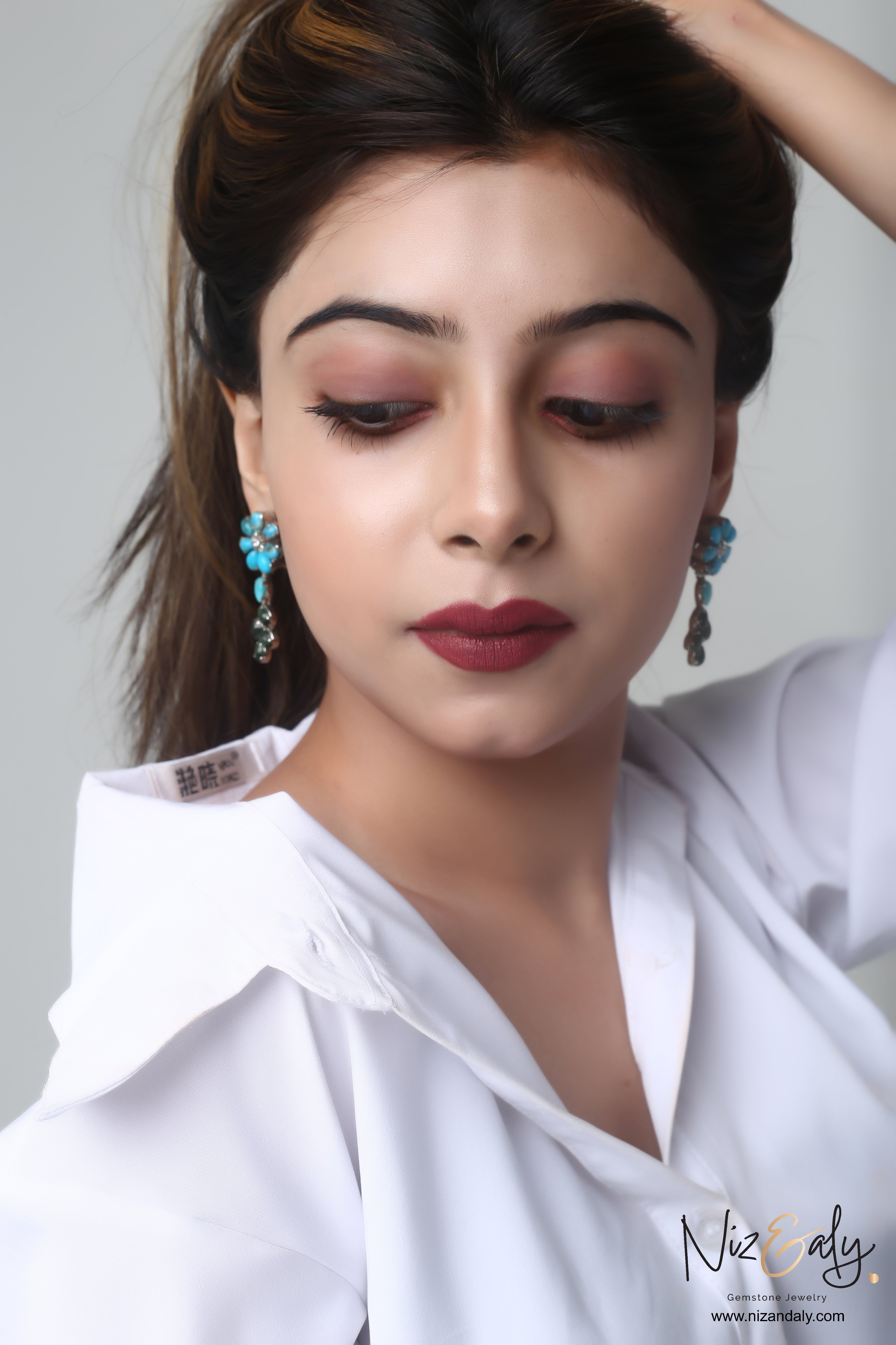 AZ Kingman Oval Blue and Green Turquoise Flower Ear Drop-Sky & Earth Petals