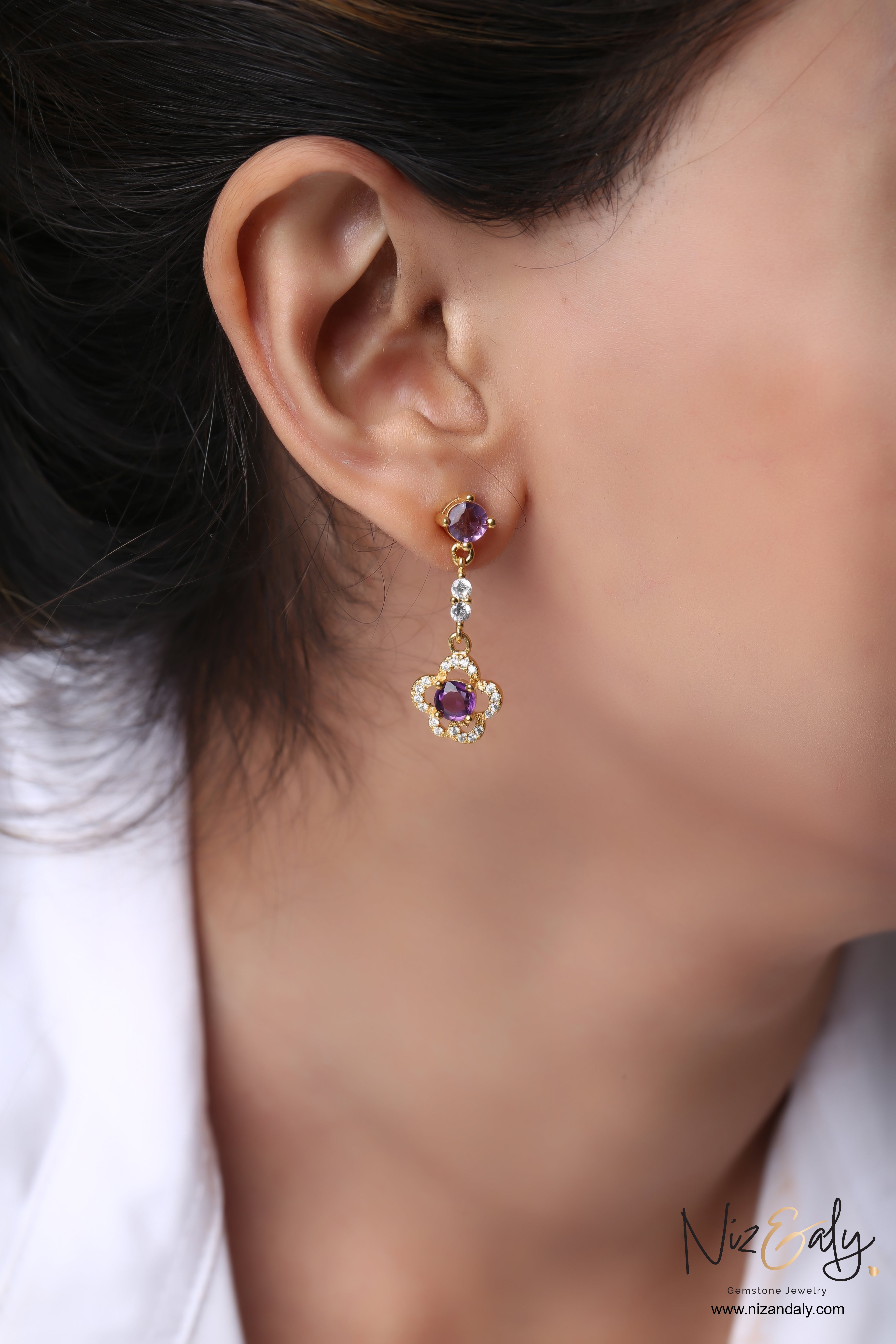 Delicate Amethyst  Ear Drops Gold Plated