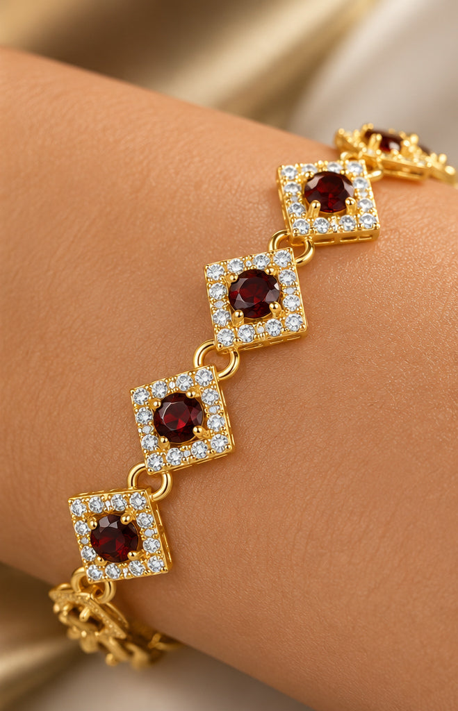 Gold Garnet Halo Bracelet in 14K Gold Plated Silver