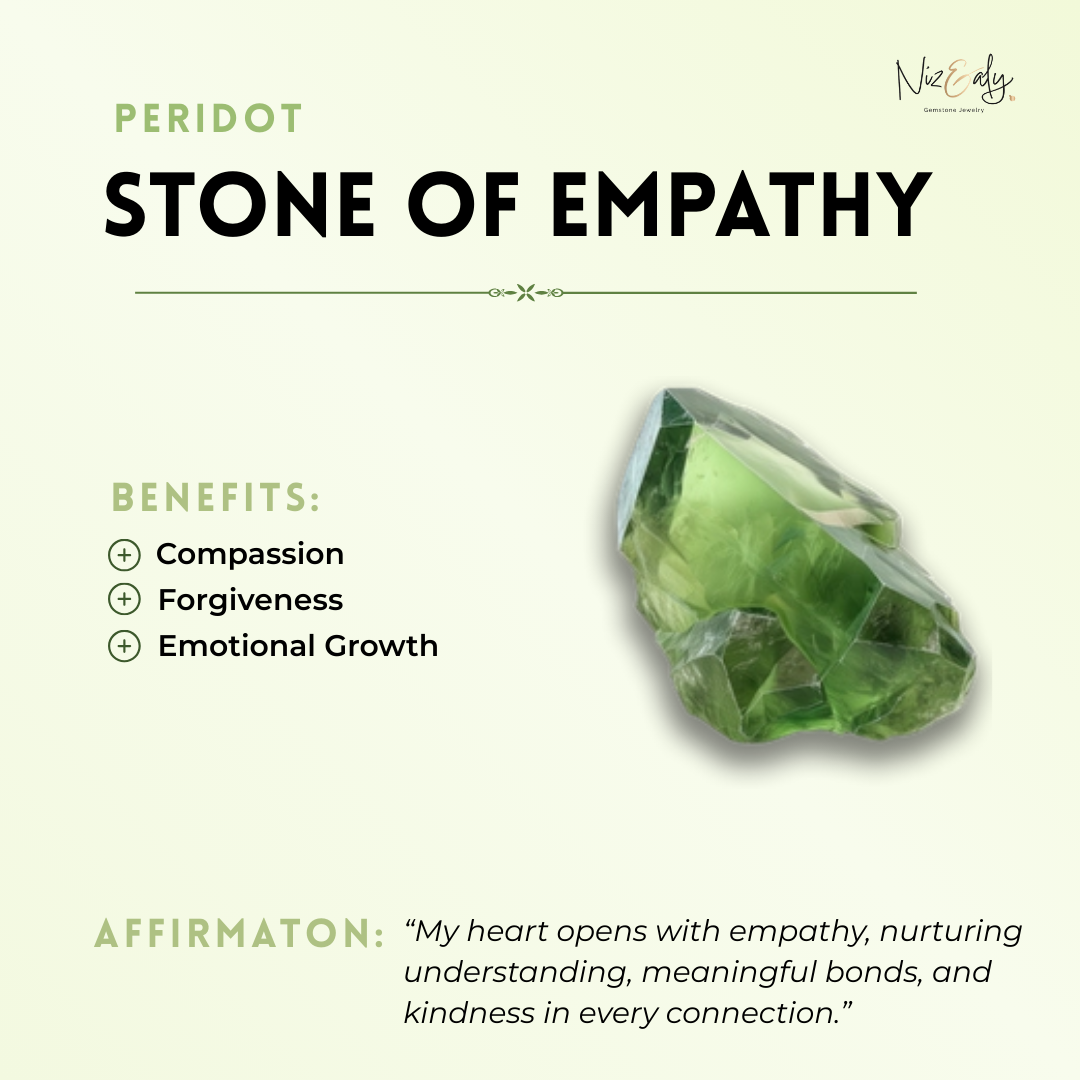 Peridot stone with benefits listed on a white background