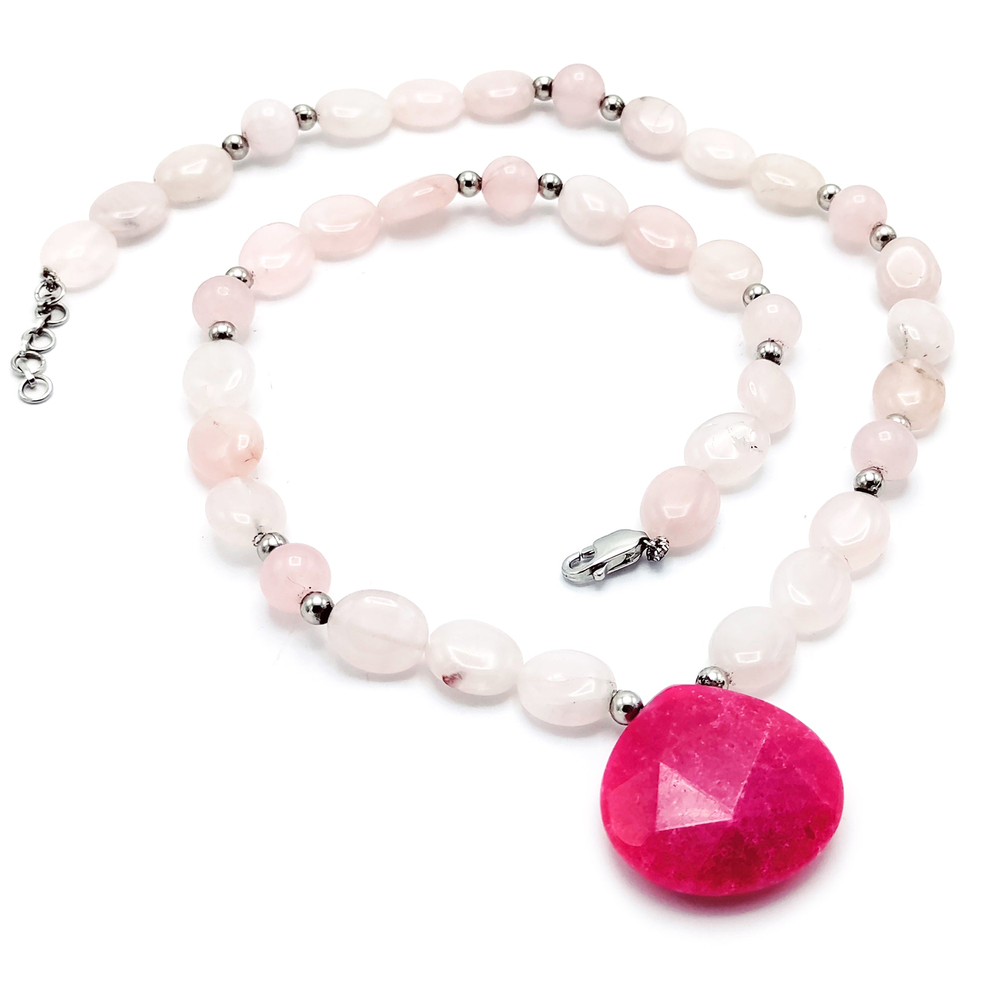 Pink Rose Quartz Necklace with Red Crackle Quartz Pendant