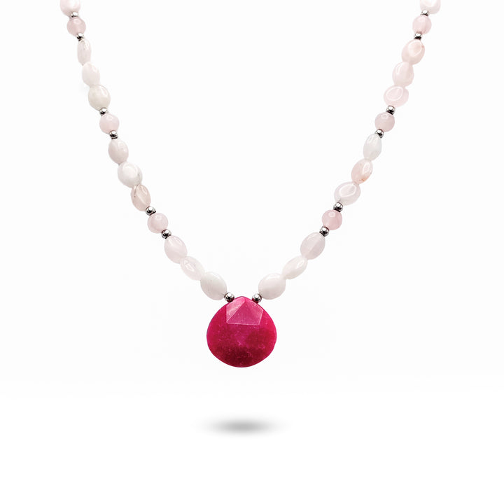 Pink Rose Quartz Necklace with Red Crackle Quartz Pendant
