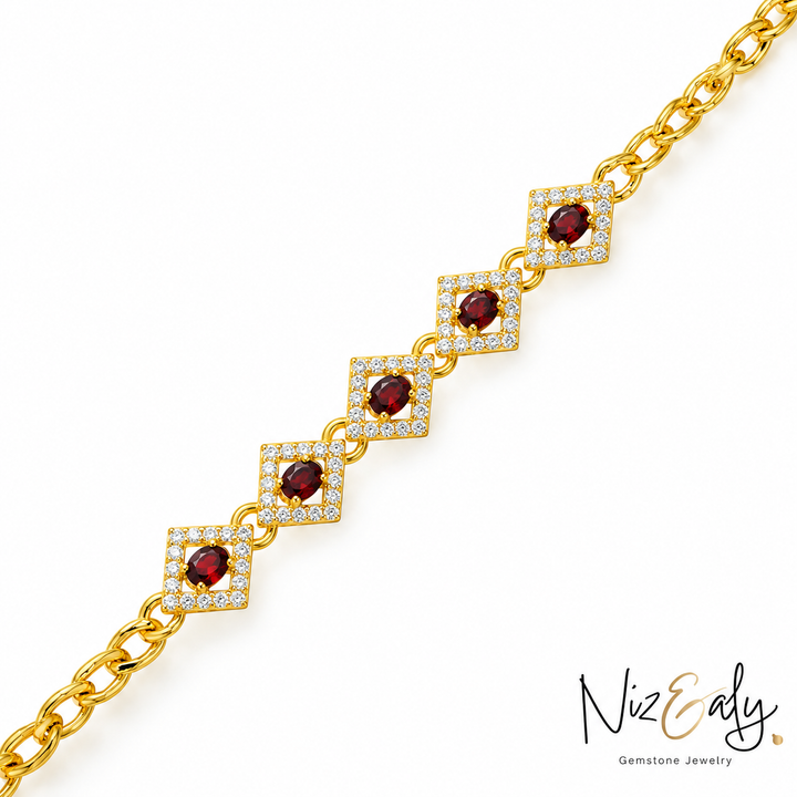 Gold Garnet Halo Bracelet in 14K Gold Plated Silver