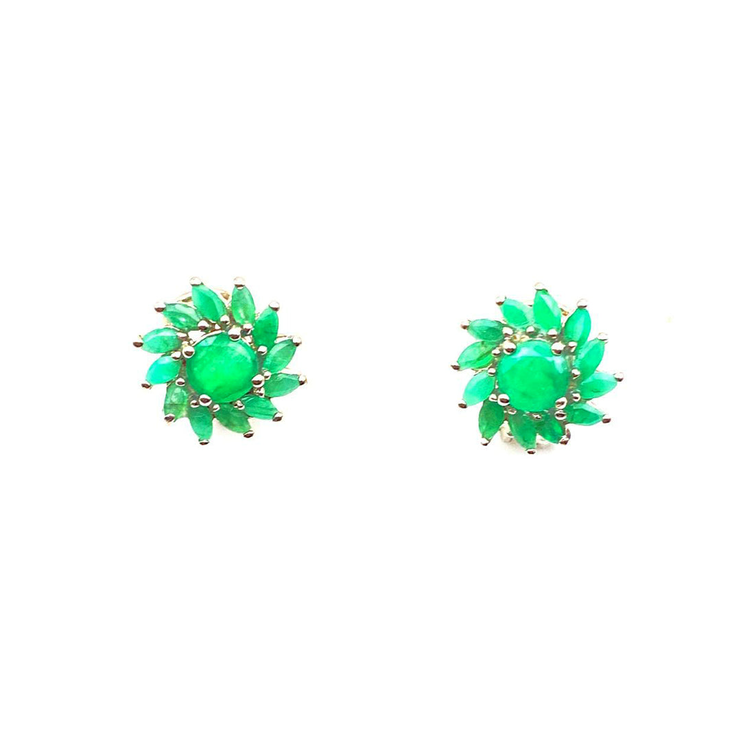 Round Vintage Natural  Green Emerald Ear Stud