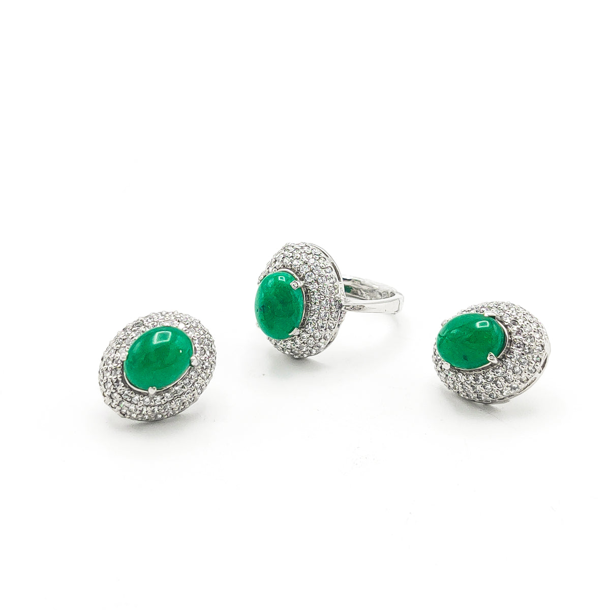 Intricate Green Jade Ear Stud and Ring