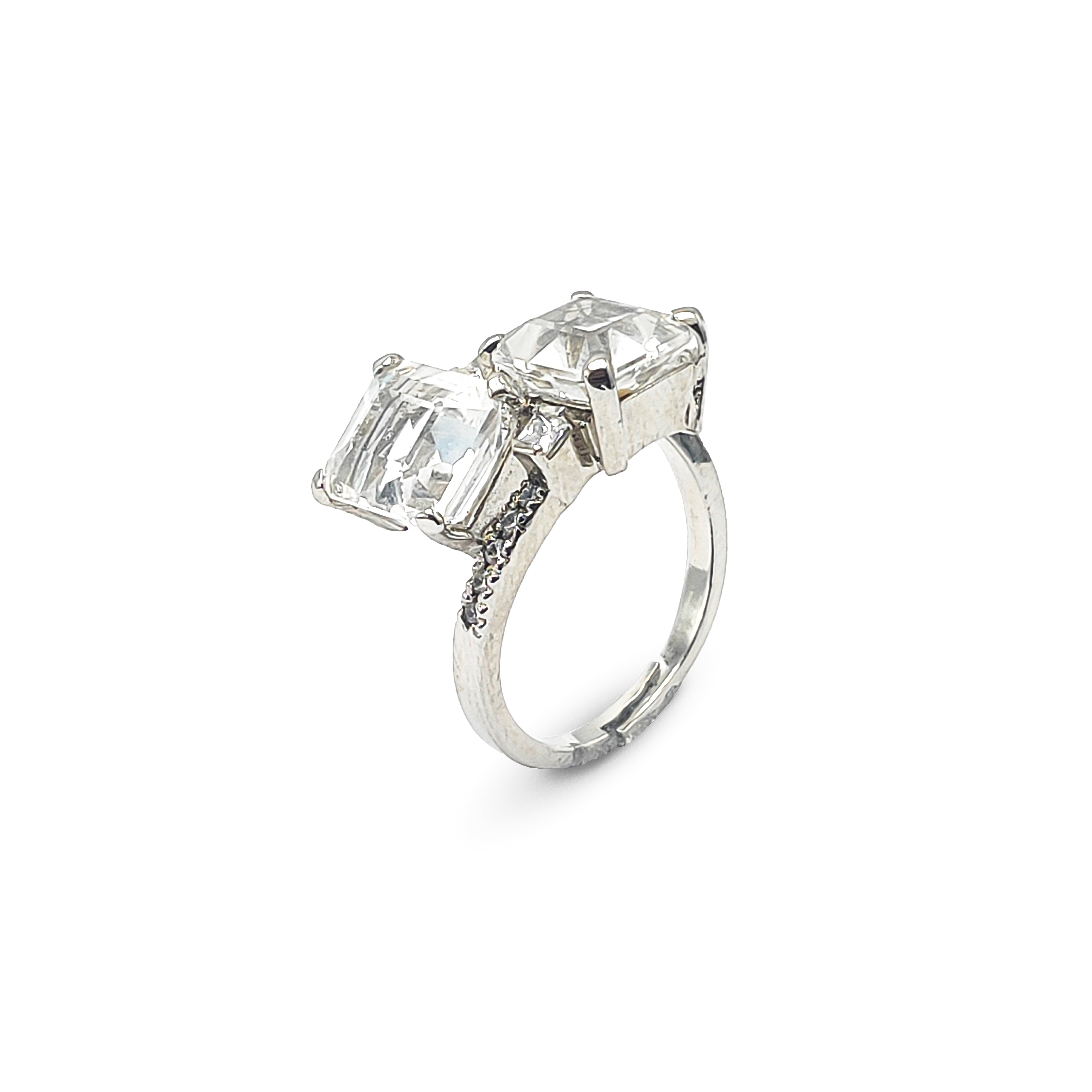 Twin Clear Quartz Ring in Silver