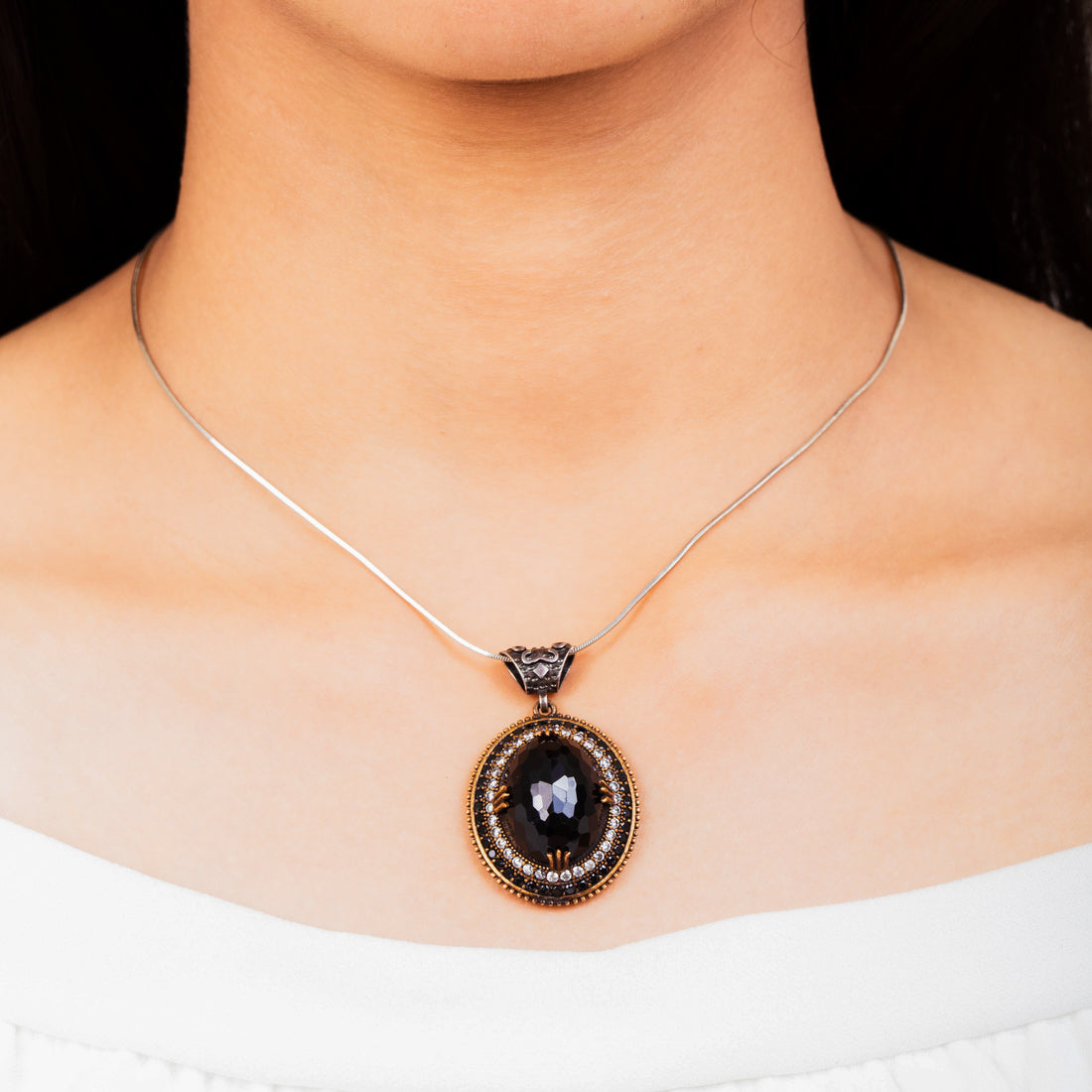 Faceted large black Oynx intricatedly designed with VVS diamond Cubic Zirconia simulated stones and tiny Oynx