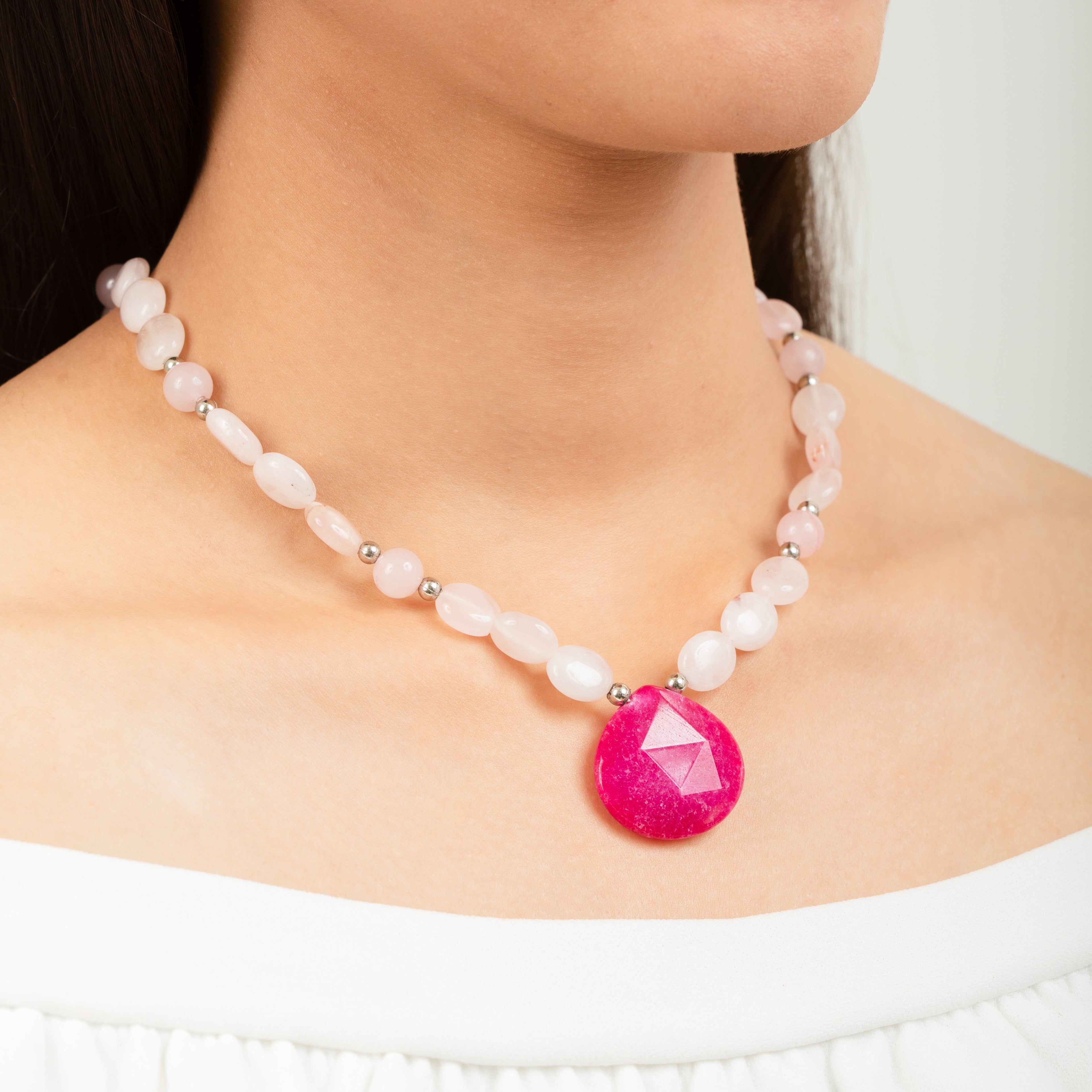 Pink Rose Quartz Necklace with Red Crackle Quartz Pendant