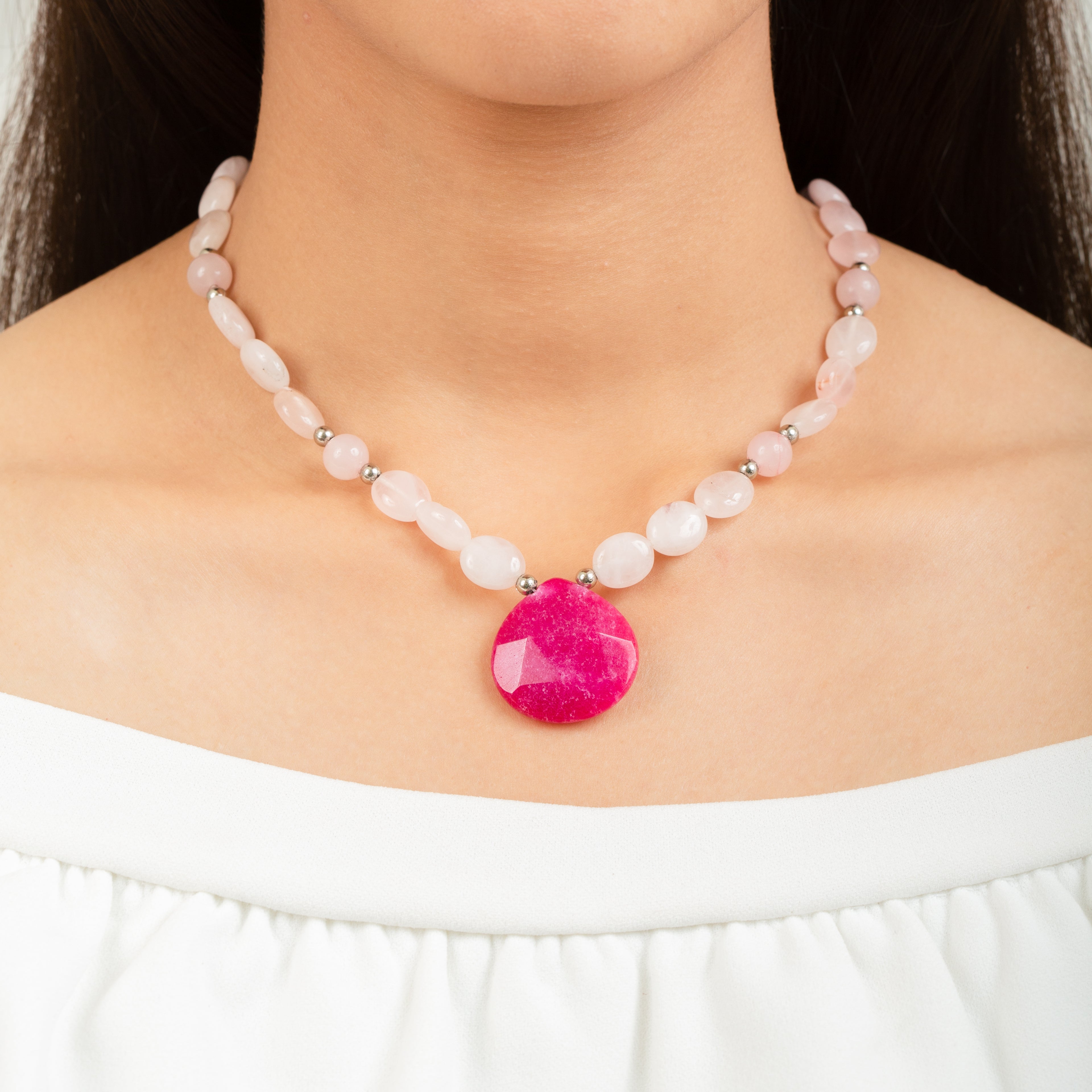 Pink Rose Quartz Necklace with Red Crackle Quartz Pendant