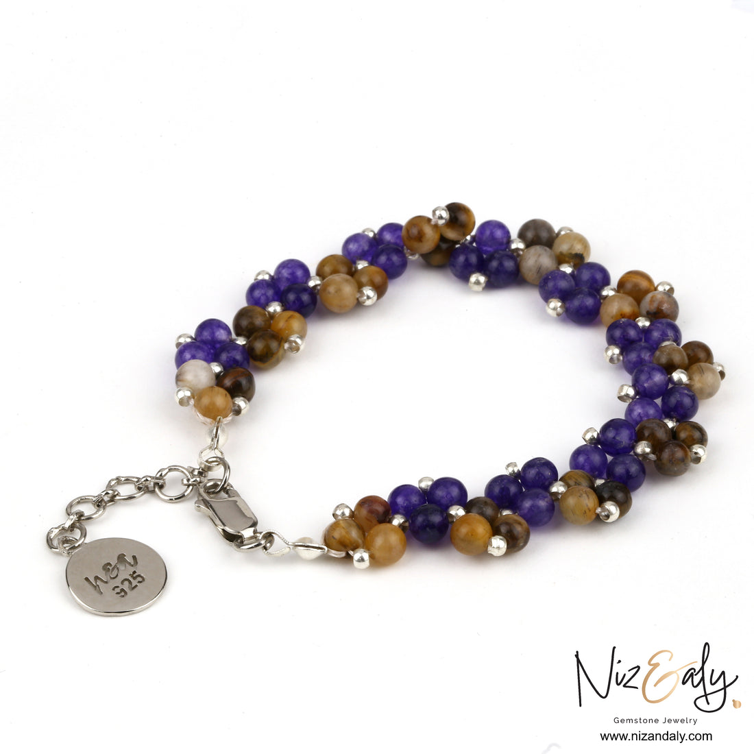 Amethyst and brown banded agate beaded bracelet with twisted design for balance and energy healing