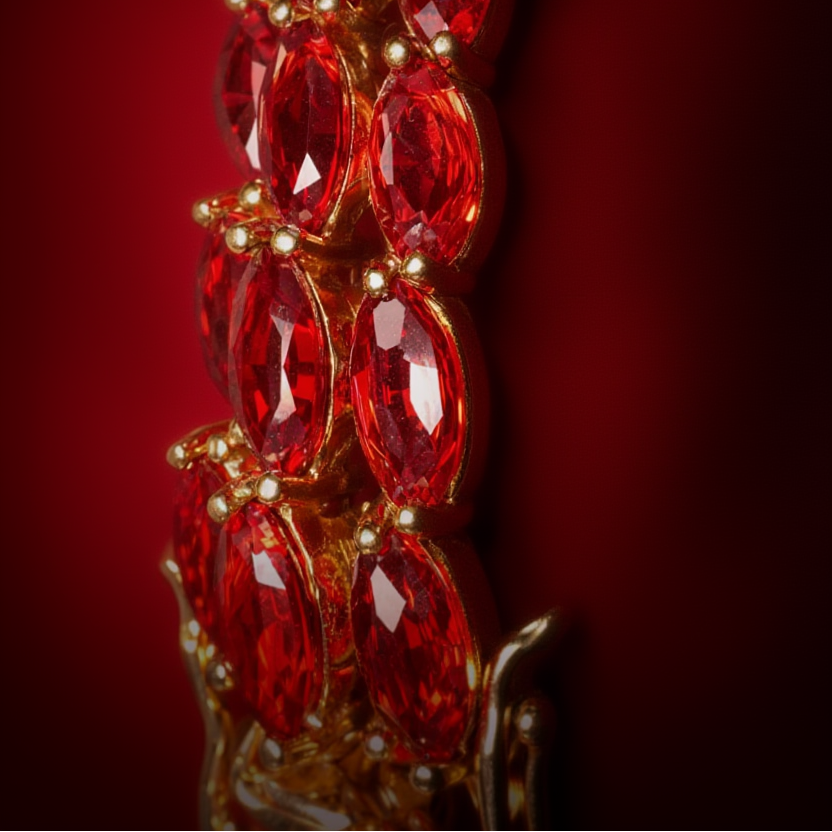 Garnet jewelry with 'Power & Passion' text on a red background