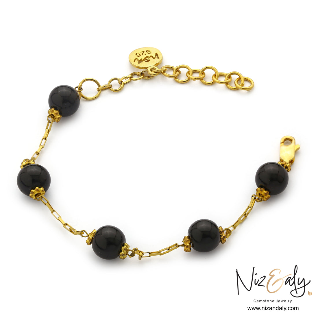 Black onyx bead bracelet with gold chain minimalist gemstone jewelry