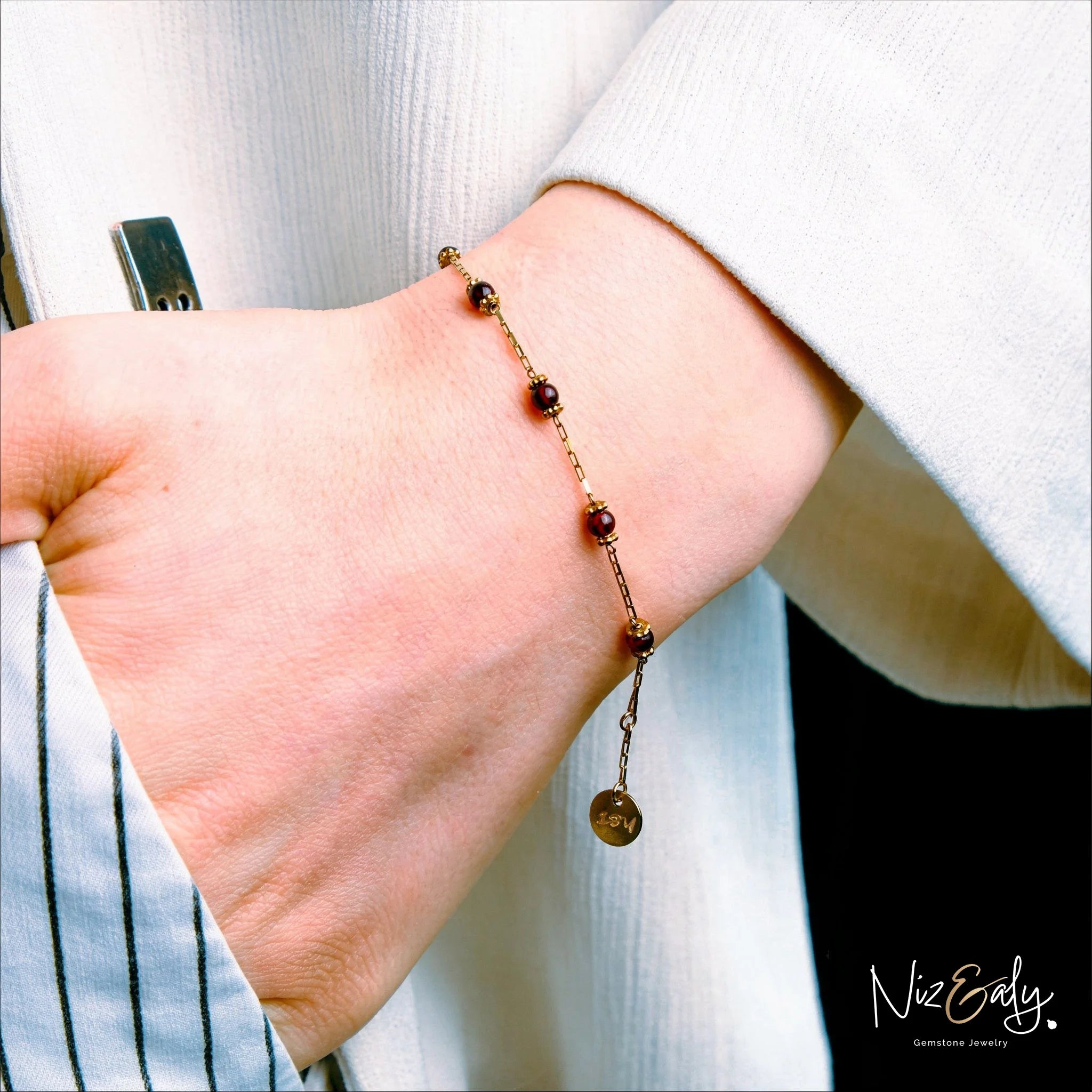 Natural Garnet Beaded Bracelet – Dainty Gold January Birthstone Jewelry for Women