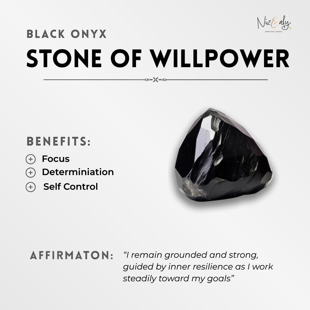 Niz & Aly black onyx gemstone, known as the stone of willpower, featuring a faceted surface and healing benefits.