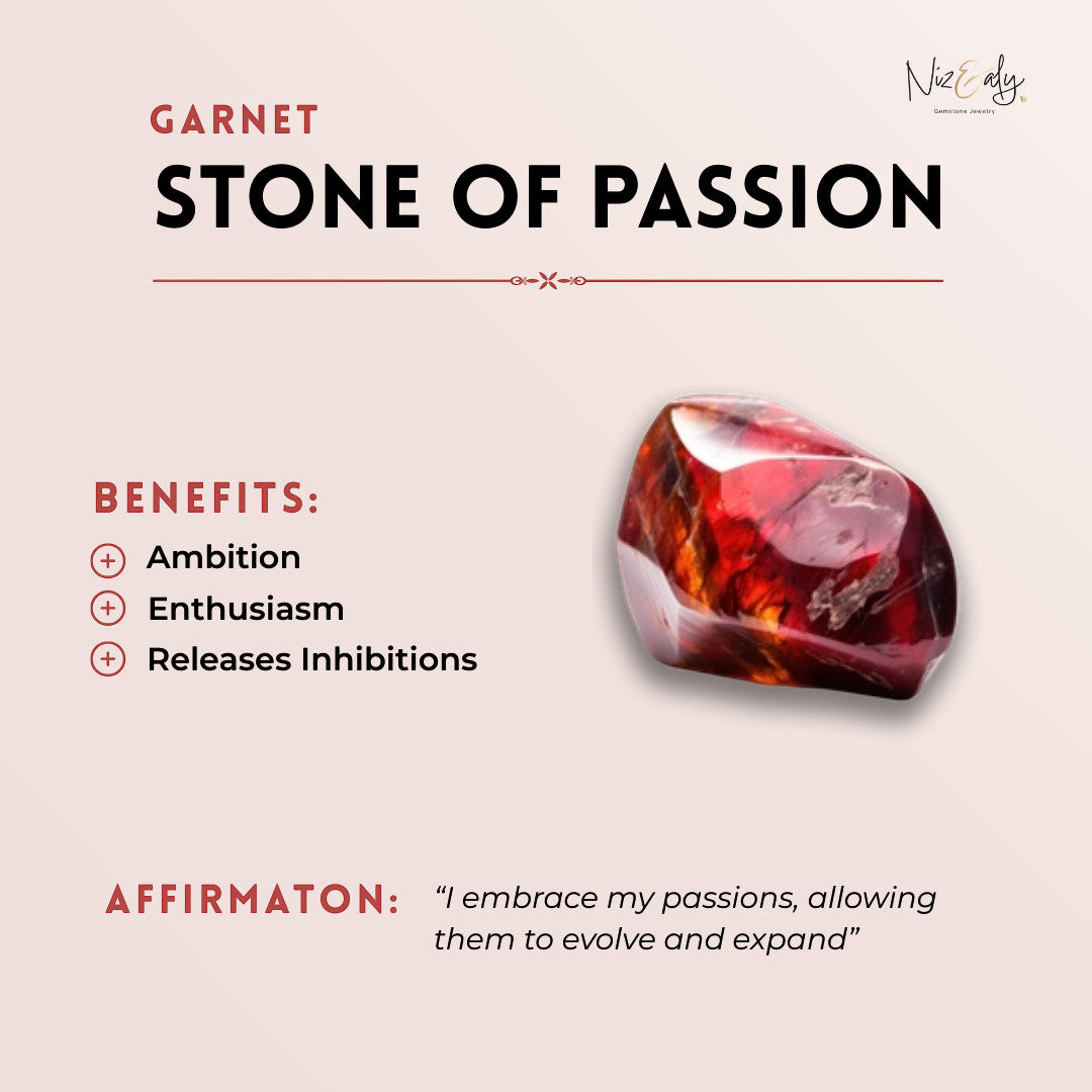 Niz & Aly garnet gemstone graphic highlighting benefits like ambition and enthusiasm with a deep red faceted stone.