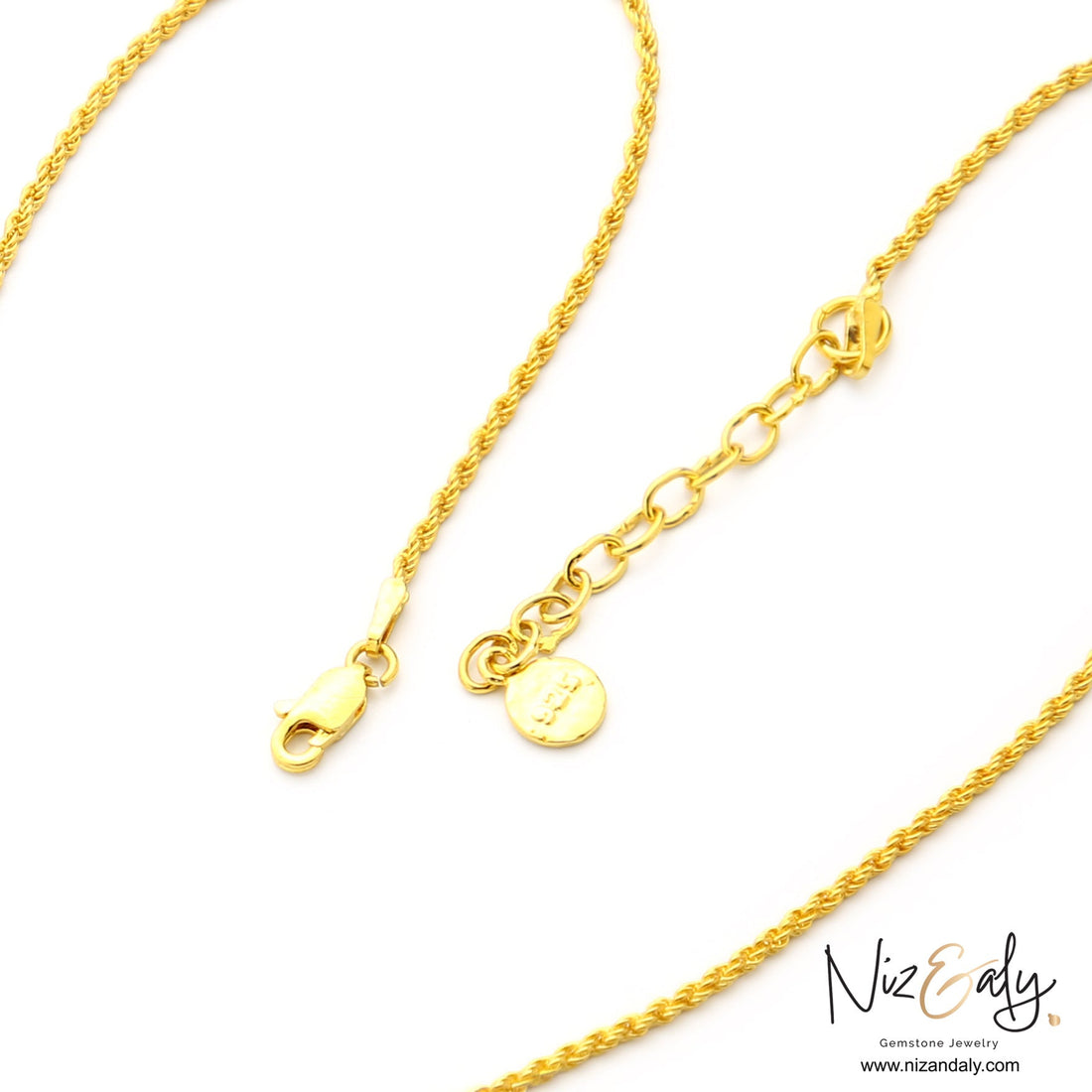 Niz & Aly gold-tone rope chain necklace with lobster clasp and adjustable extender featuring a 925 silver tag.