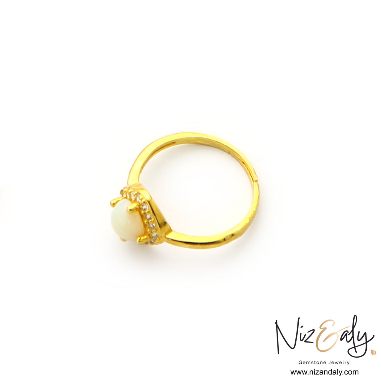 Niz & Aly adjustable gold-plated sterling silver ring featuring a natural white Australian opal in a square halo