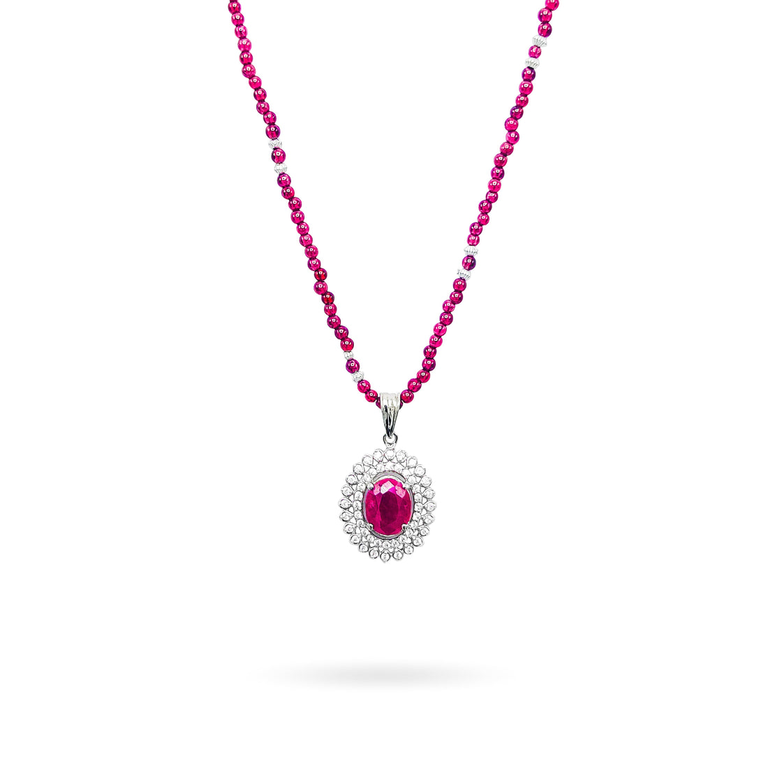 Niz & Aly African ruby pendant surrounded by diamonds on a vibrant red garnet beaded string necklace