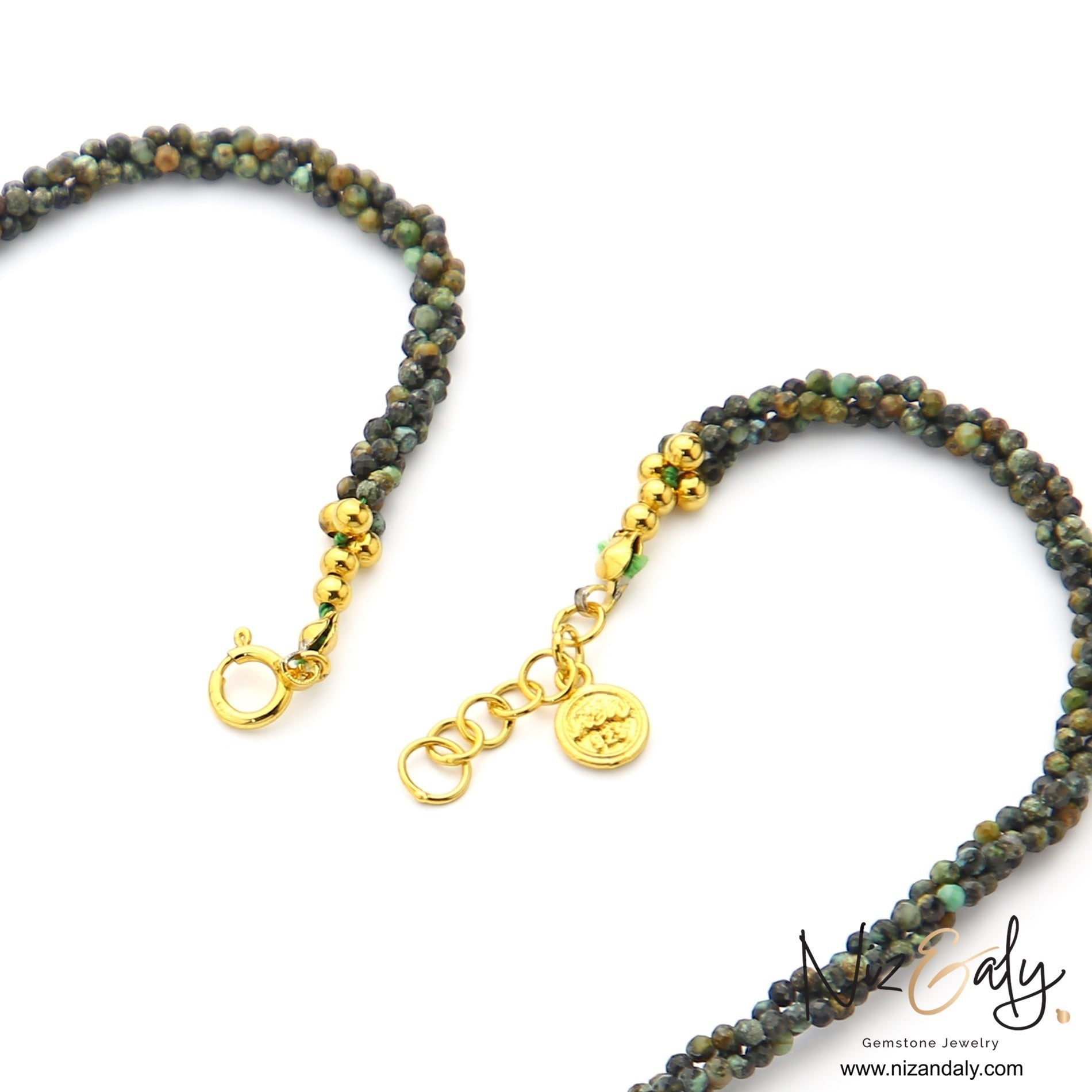 Niz & Aly micro African turquoise beaded necklace strands with gold-tone clasp and charm detail