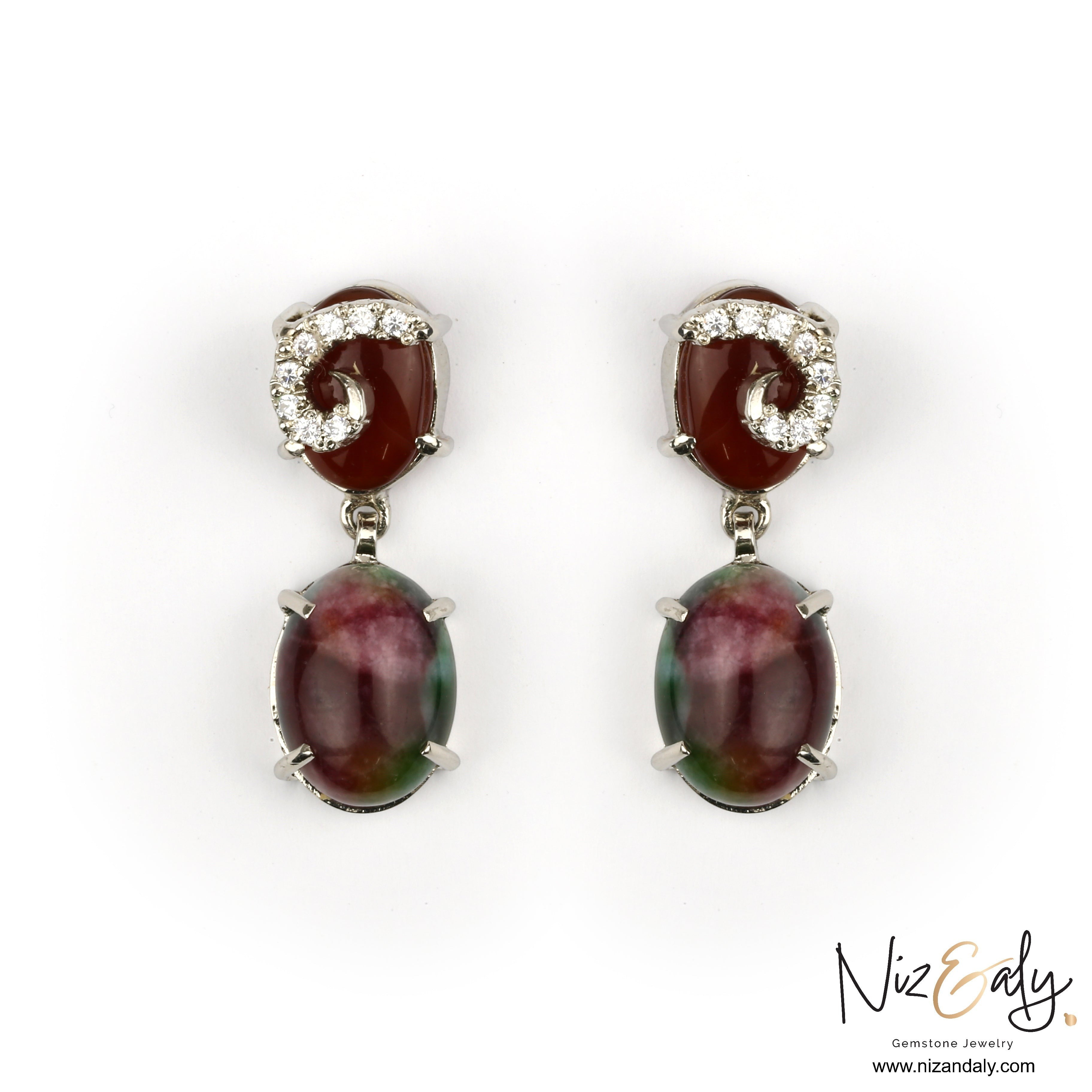 Niz & Aly Elegant Agate Ear Chandelier featuring deep red and green natural agate gemstones with sparkling crystal accents.