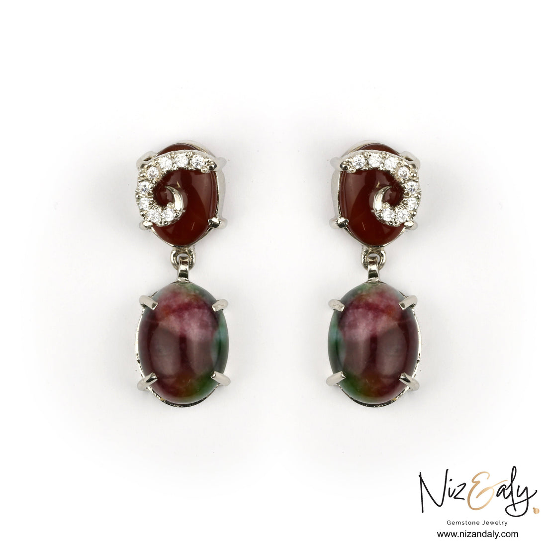 Niz & Aly Elegant Agate Ear Chandelier featuring deep red and green natural agate gemstones with sparkling crystal accents.