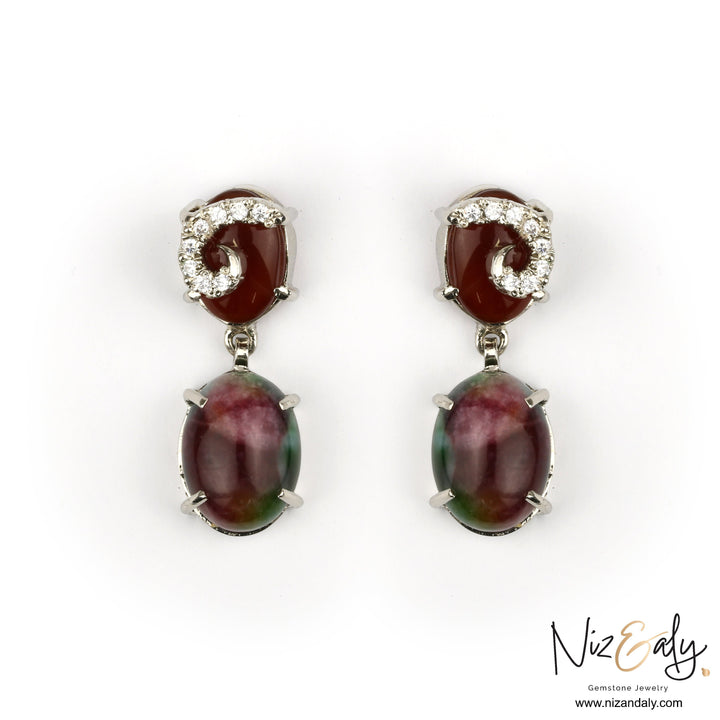 Niz & Aly Elegant Agate Ear Chandelier featuring deep red and green natural agate gemstones with sparkling crystal accents.