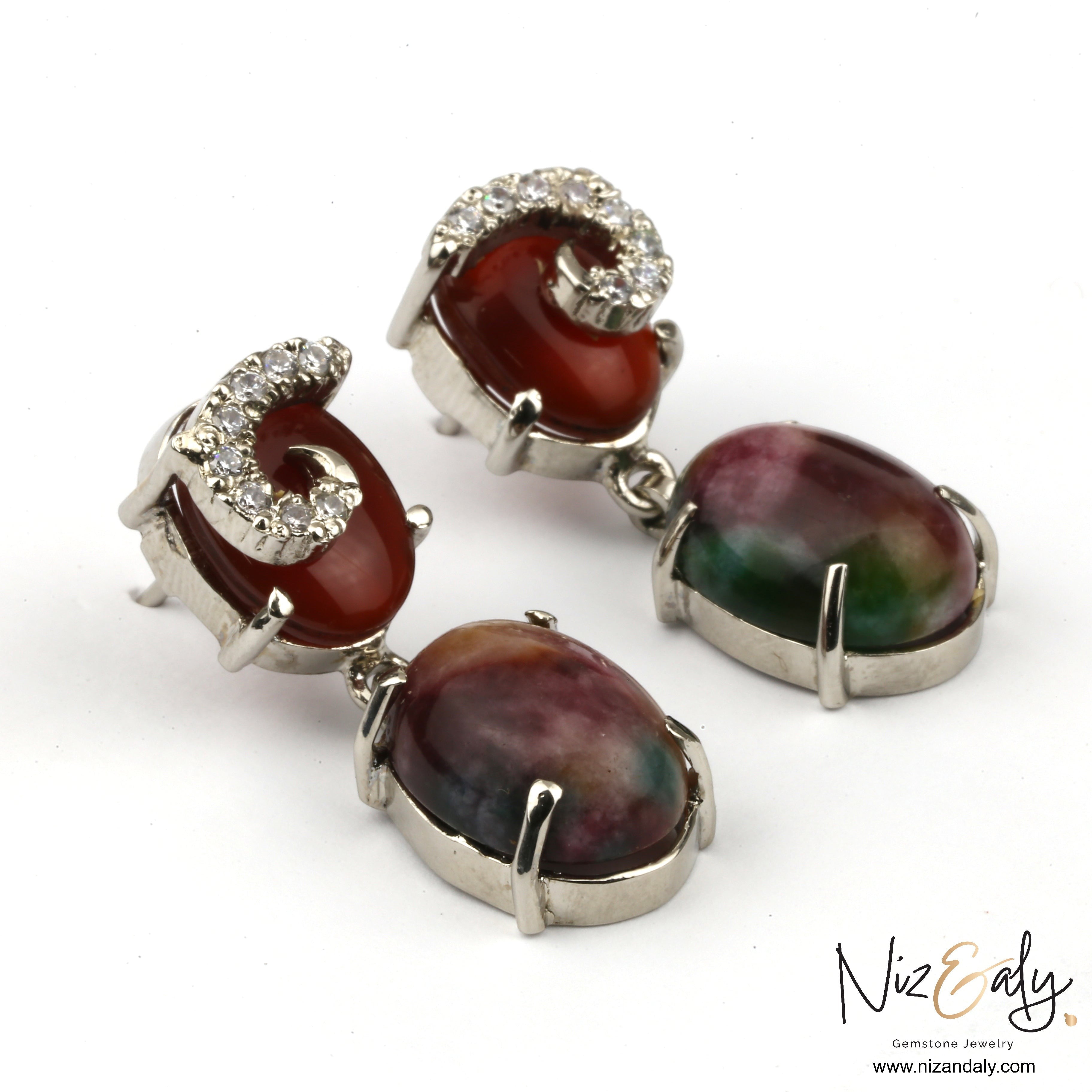 Niz & Aly Elegant Agate Ear Chandelier featuring polished natural agate gemstones with sparkling crystal accents.