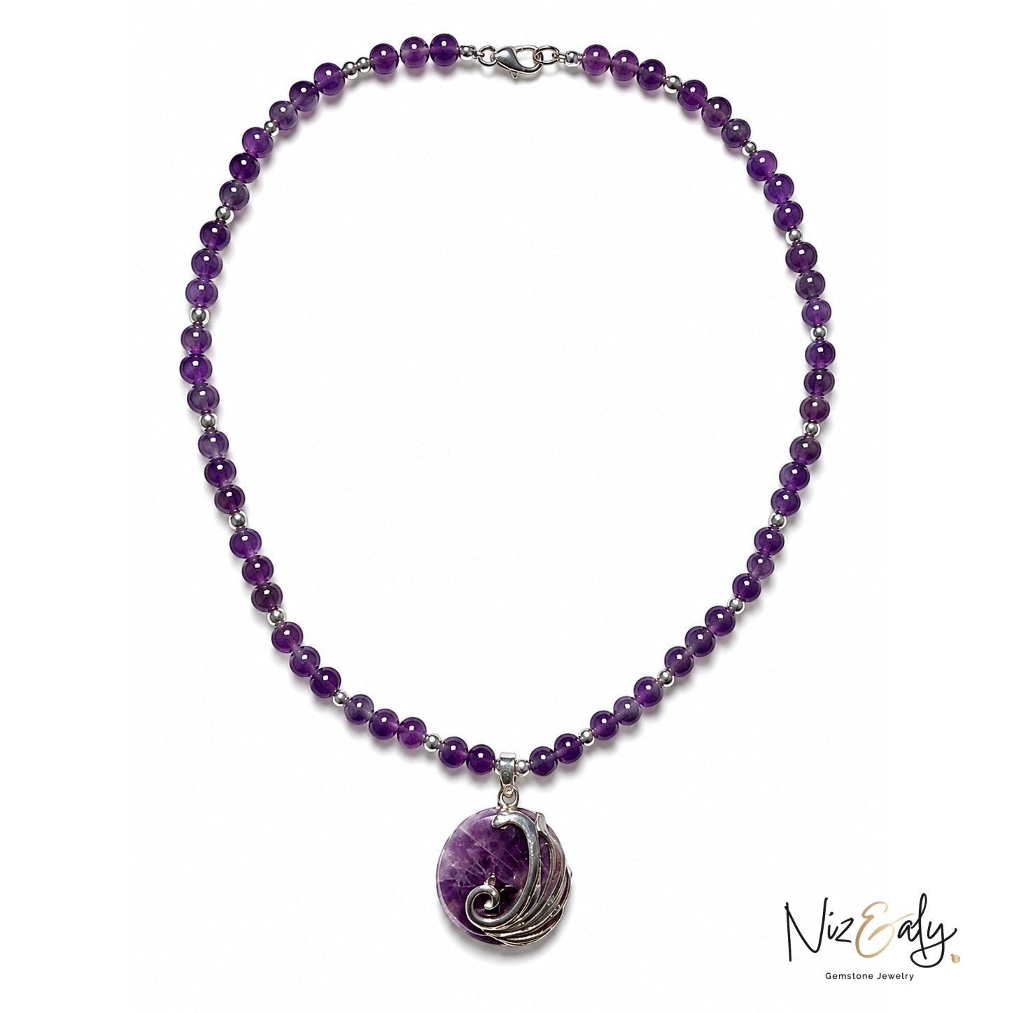 Niz & Aly amethyst gemstone bead necklace with a silver swirl pendant on a white background