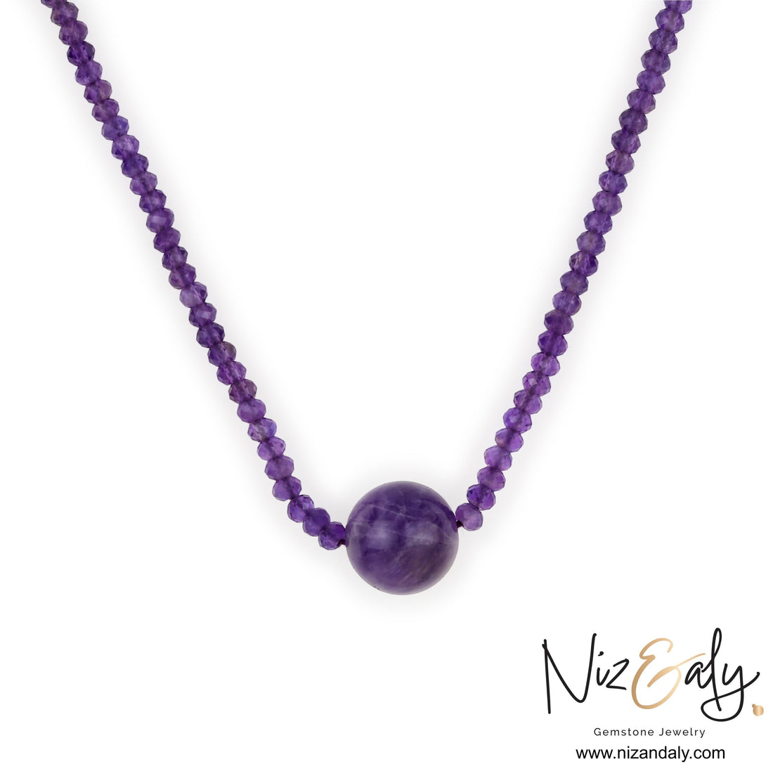 Niz & Aly Celestial Dew necklace featuring a strand of faceted purple amethyst beads with a central smooth sphere.