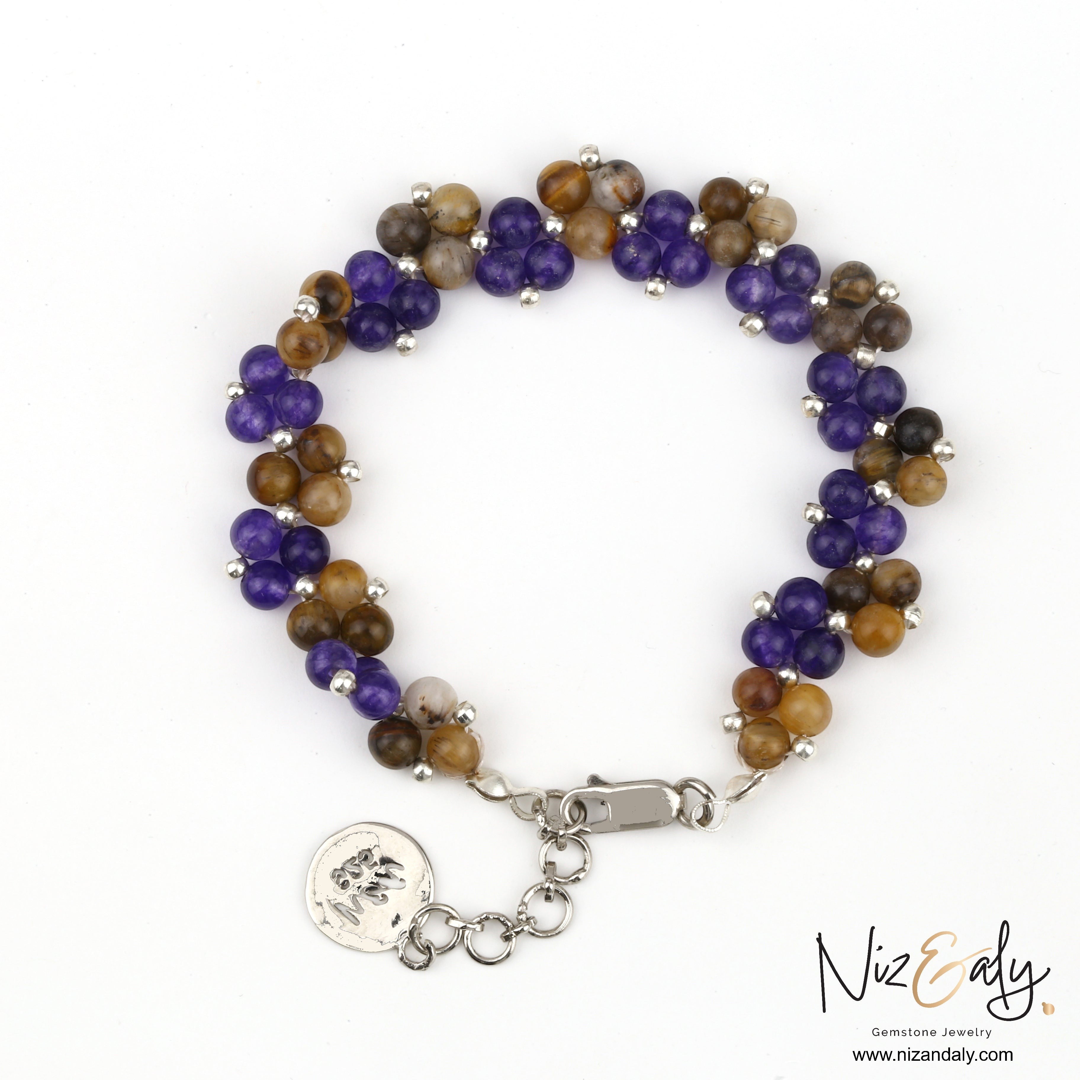 Niz & Aly amethyst and brown banded agate beaded bracelet with silver accents and a branded charm.
