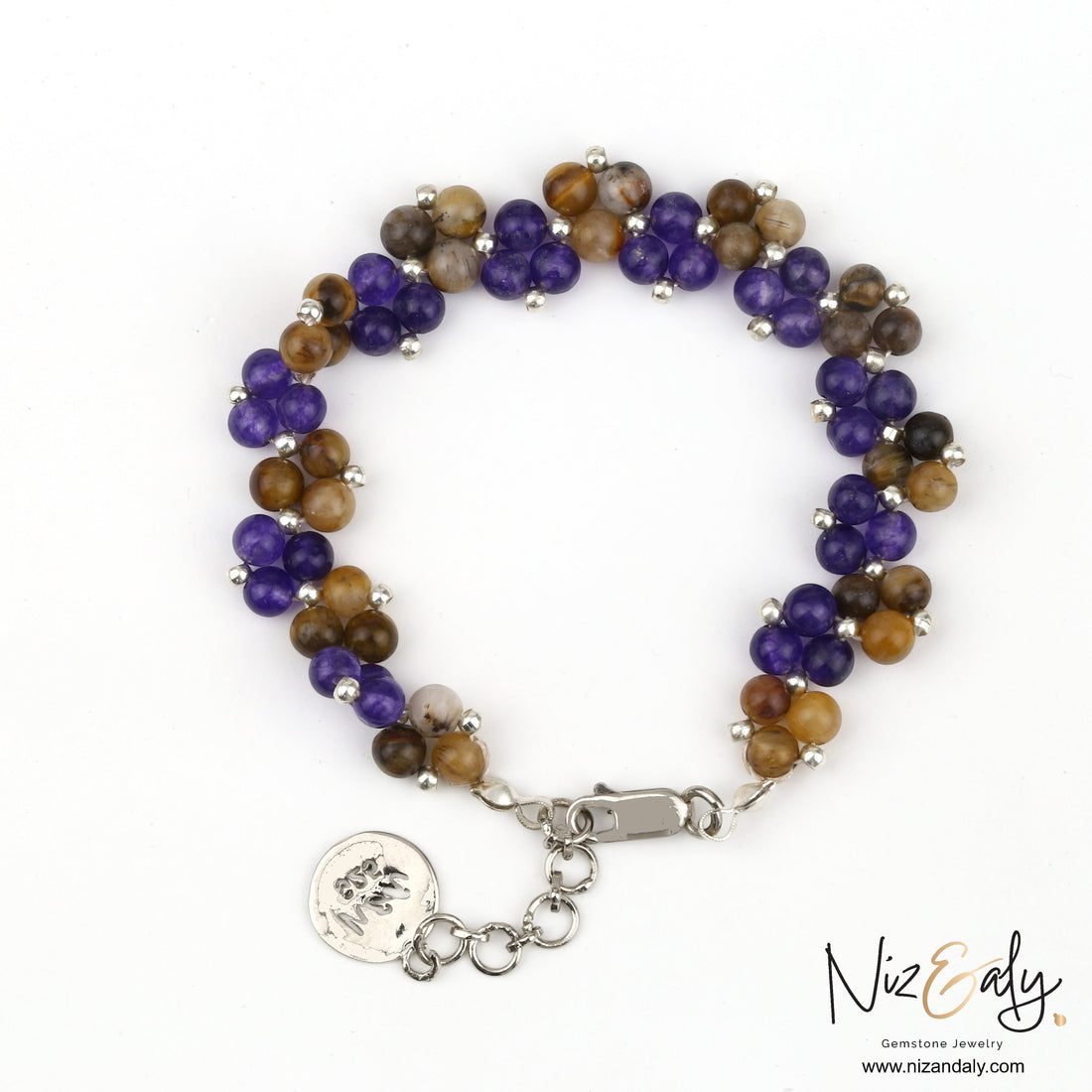 Niz & Aly amethyst and brown banded agate beaded bracelet with silver accents and a branded charm.