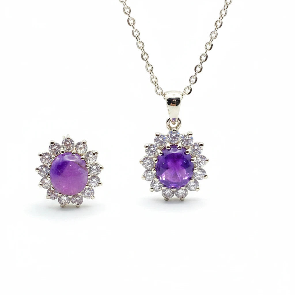 Niz & Aly oval cabochon amethyst pendant and earring set with sparkling white stone halo accents on silver chains.