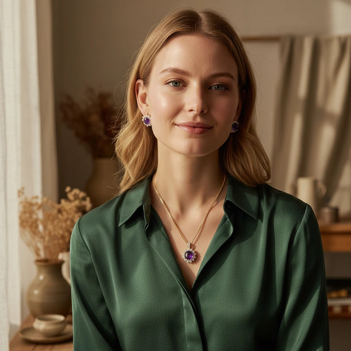 Niz & Aly oval cabochon amethyst pendant and earring set worn by a woman in a green silk blouse