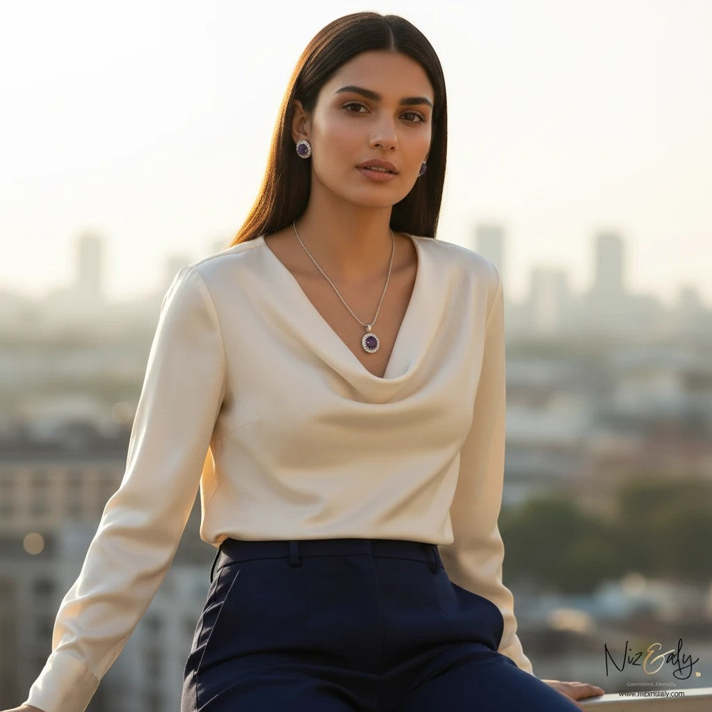 Niz & Aly amethyst constellation pendant and earring set worn by a woman against a blurred city skyline at sunset.