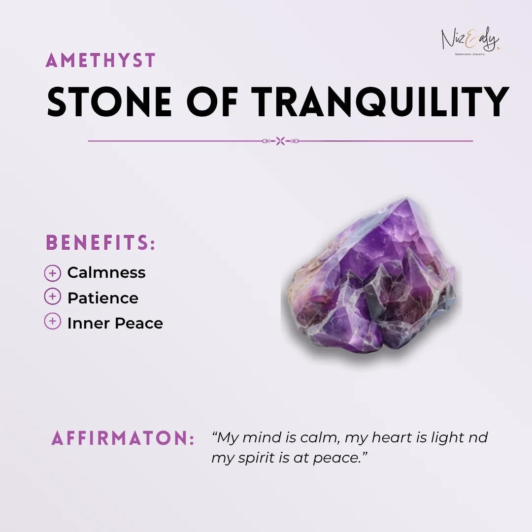 Niz & Aly amethyst crystal cluster featuring deep purple hues, presented as a stone of tranquility for inner peace.