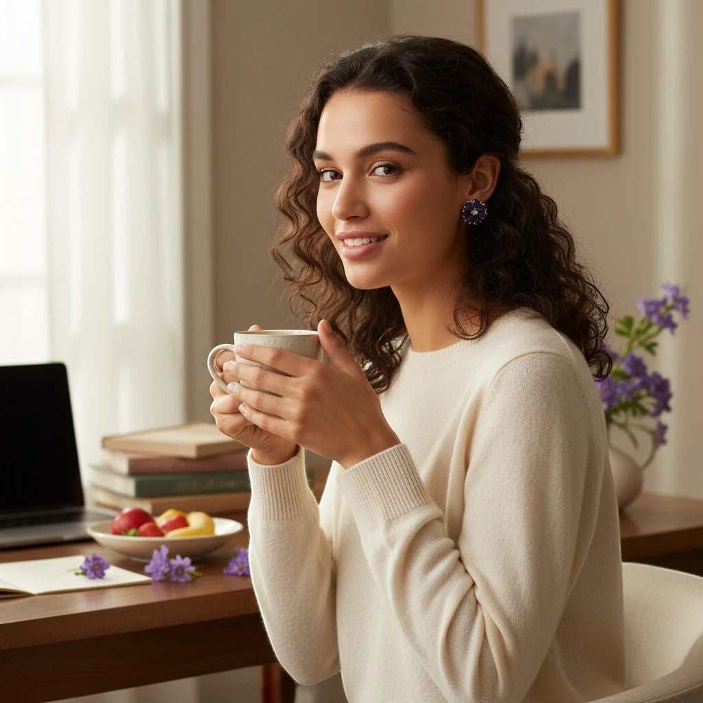Niz & Aly amethyst flower ear studs worn by a woman holding a coffee cup in a cozy home office setting.